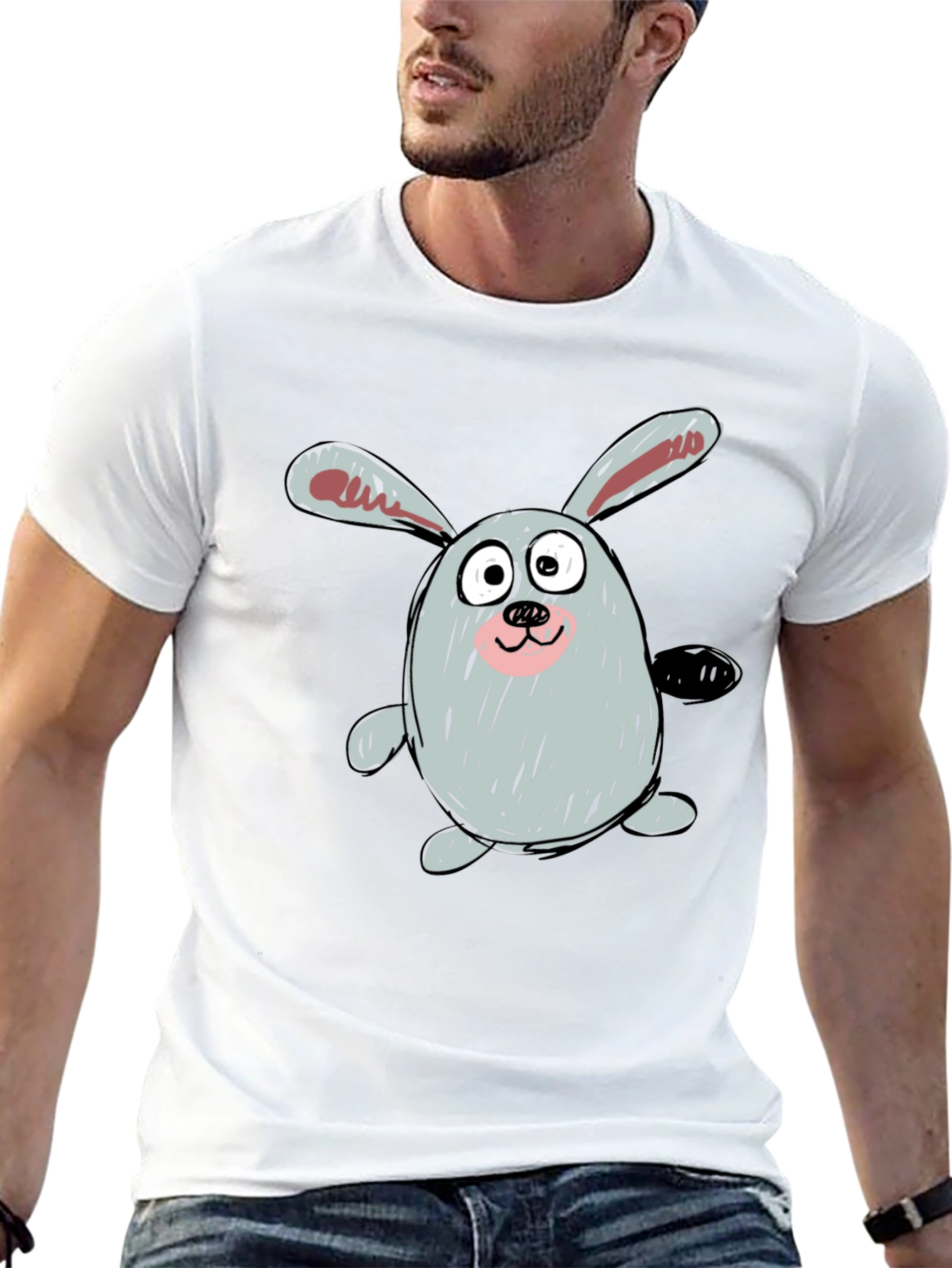 Cartoon Bunny Graphic Tee - Casual Black T-Shirt