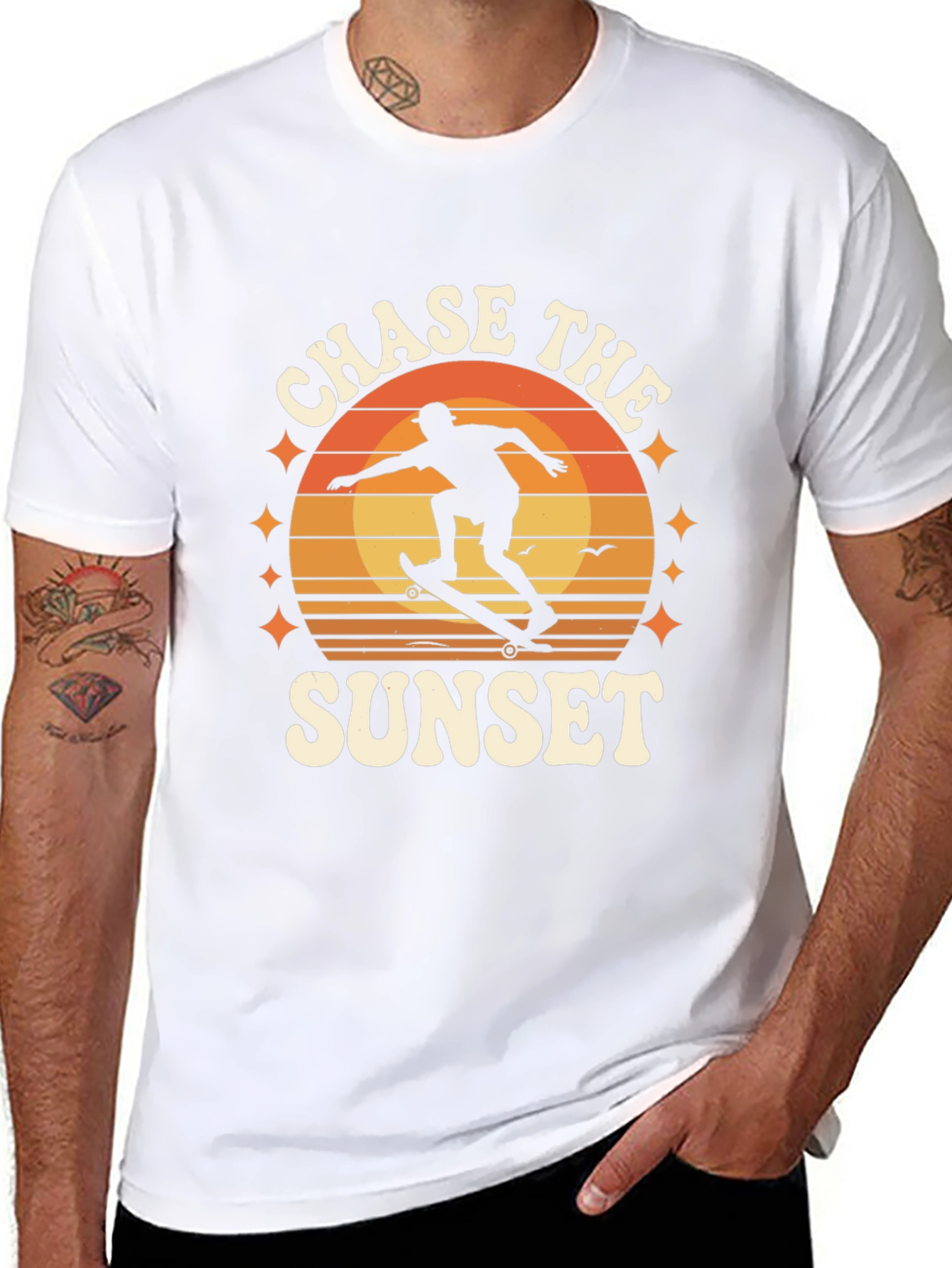 Chase the Sunset Black Graphic Tee - Skateboarder Design
