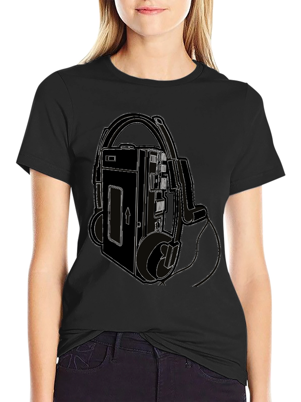 Retro Walkman Tee - Black Cotton Graphic T-Shirt