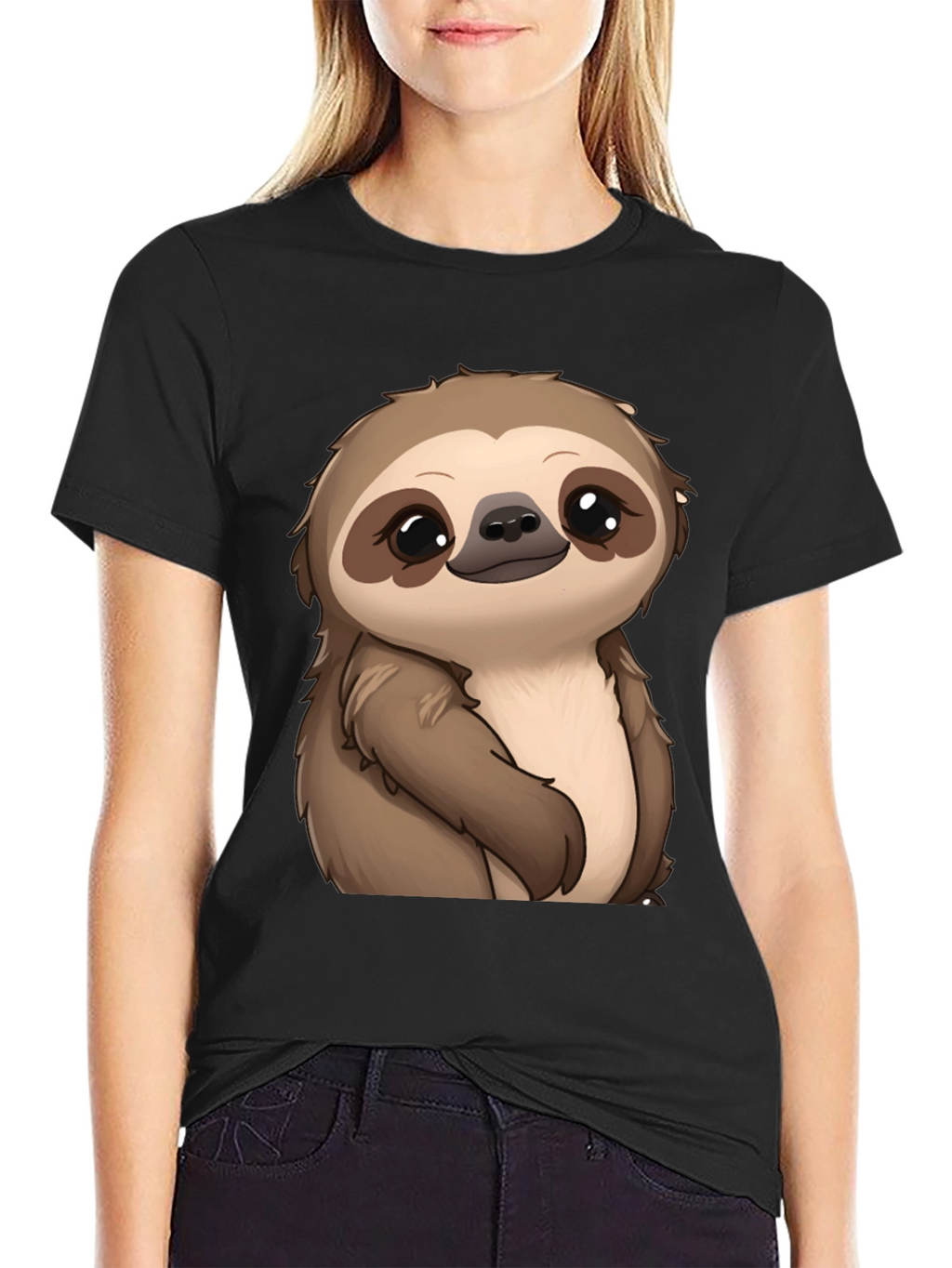Cute Sloth Graphic Print Black T-Shirt