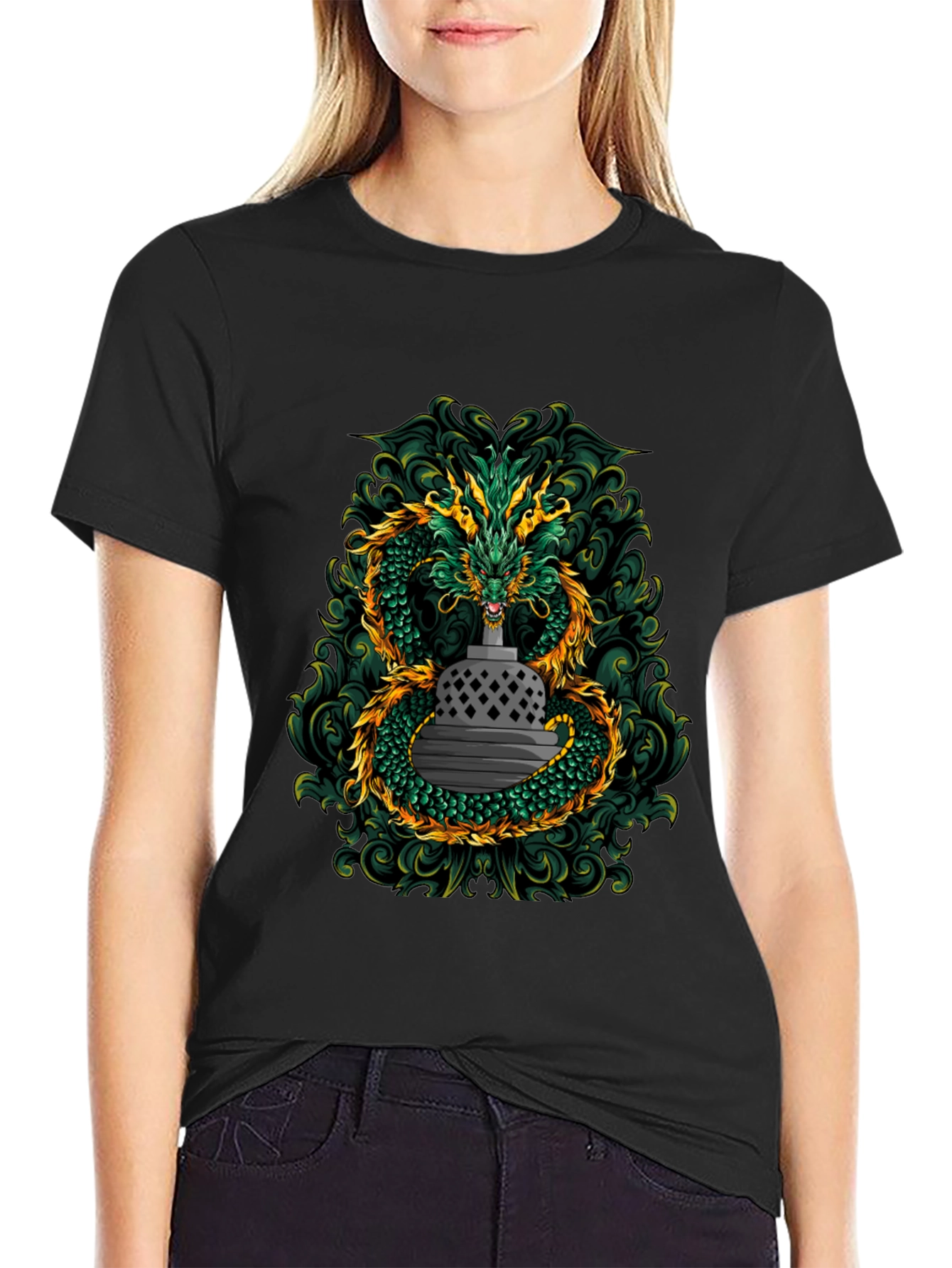 Dragon & Temple Graphic Tee - Black Cotton Blend
