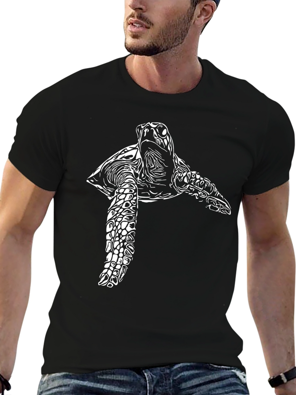 Sea Turtle Graphic Tee - Black Cotton Casual T-Shirt