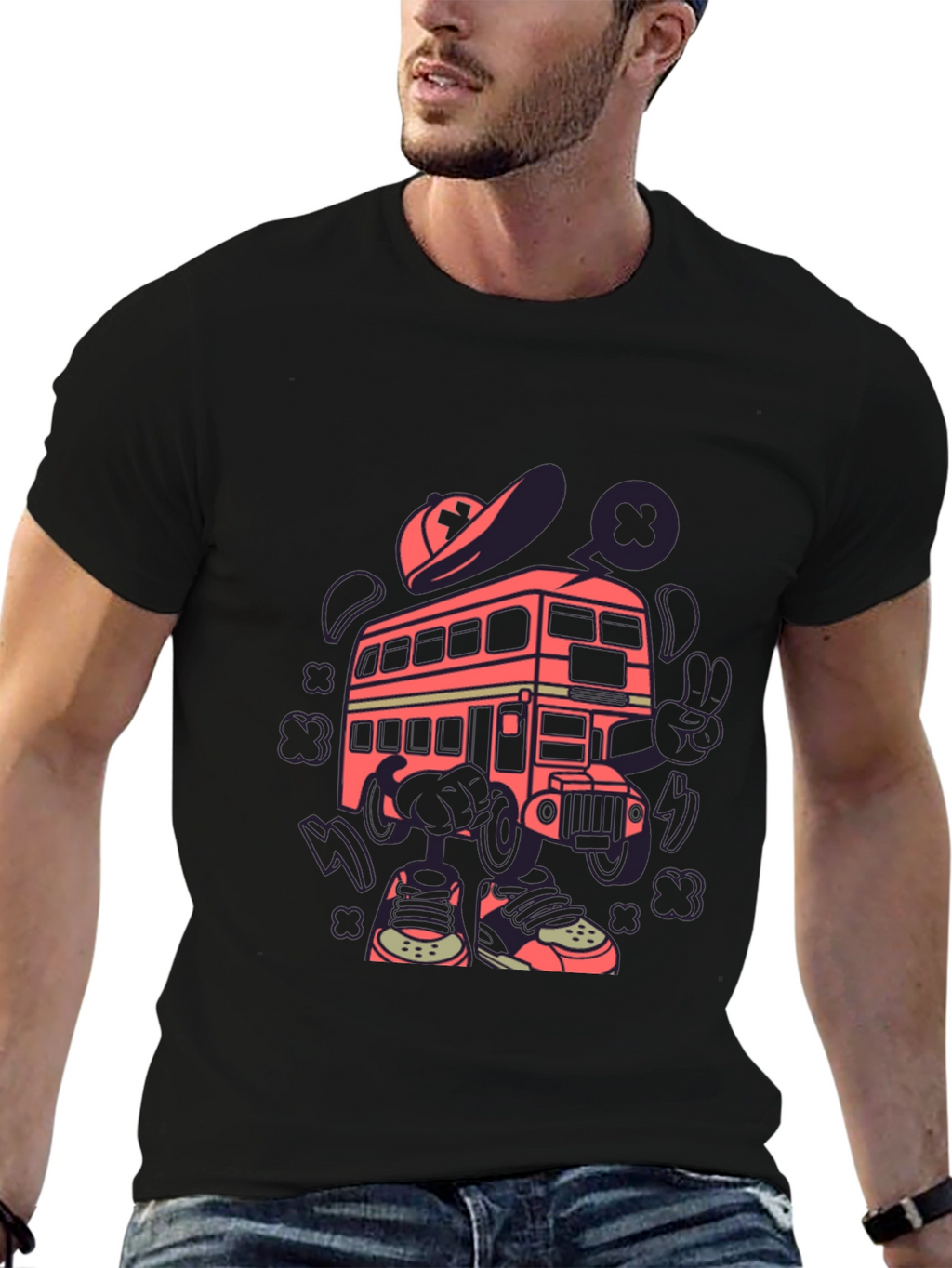 Cartoon Bus Graphic Tee - Quirky Black T-Shirt