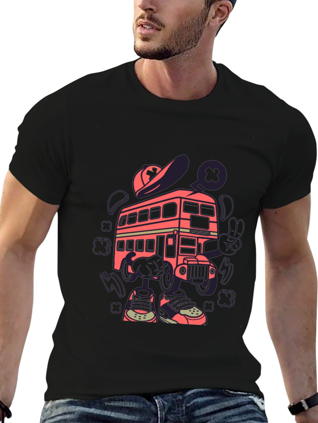 Cartoon Bus Graphic Tee - Quirky Black T-Shirt