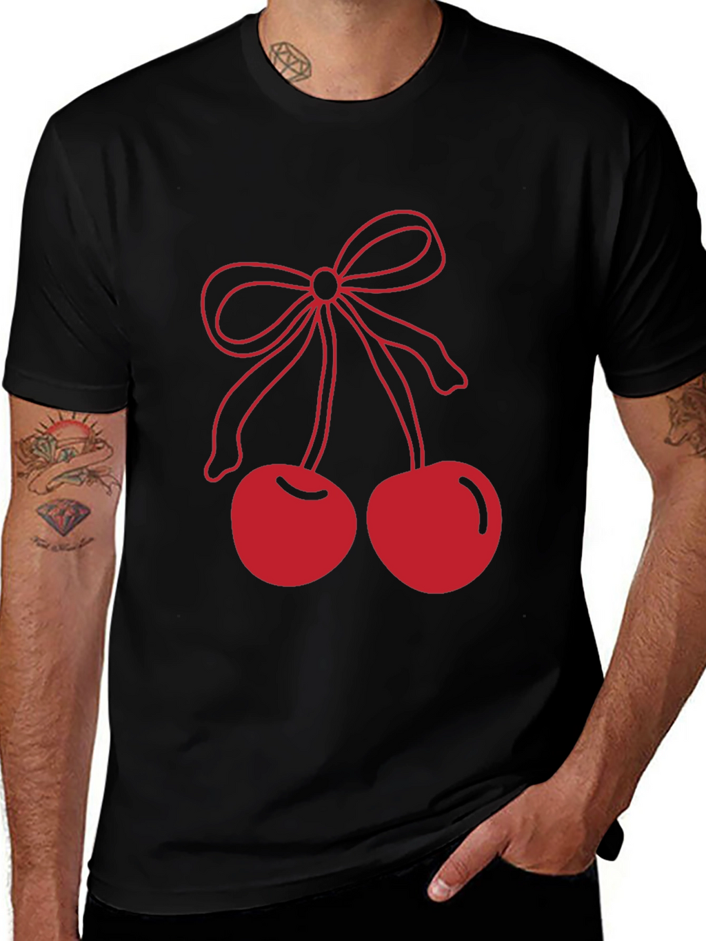Red Cherry Bow Graphic Black T-Shirt