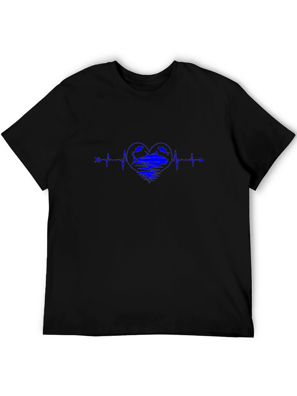 Blue Heartbeat Fish Graphic Black T-Shirt