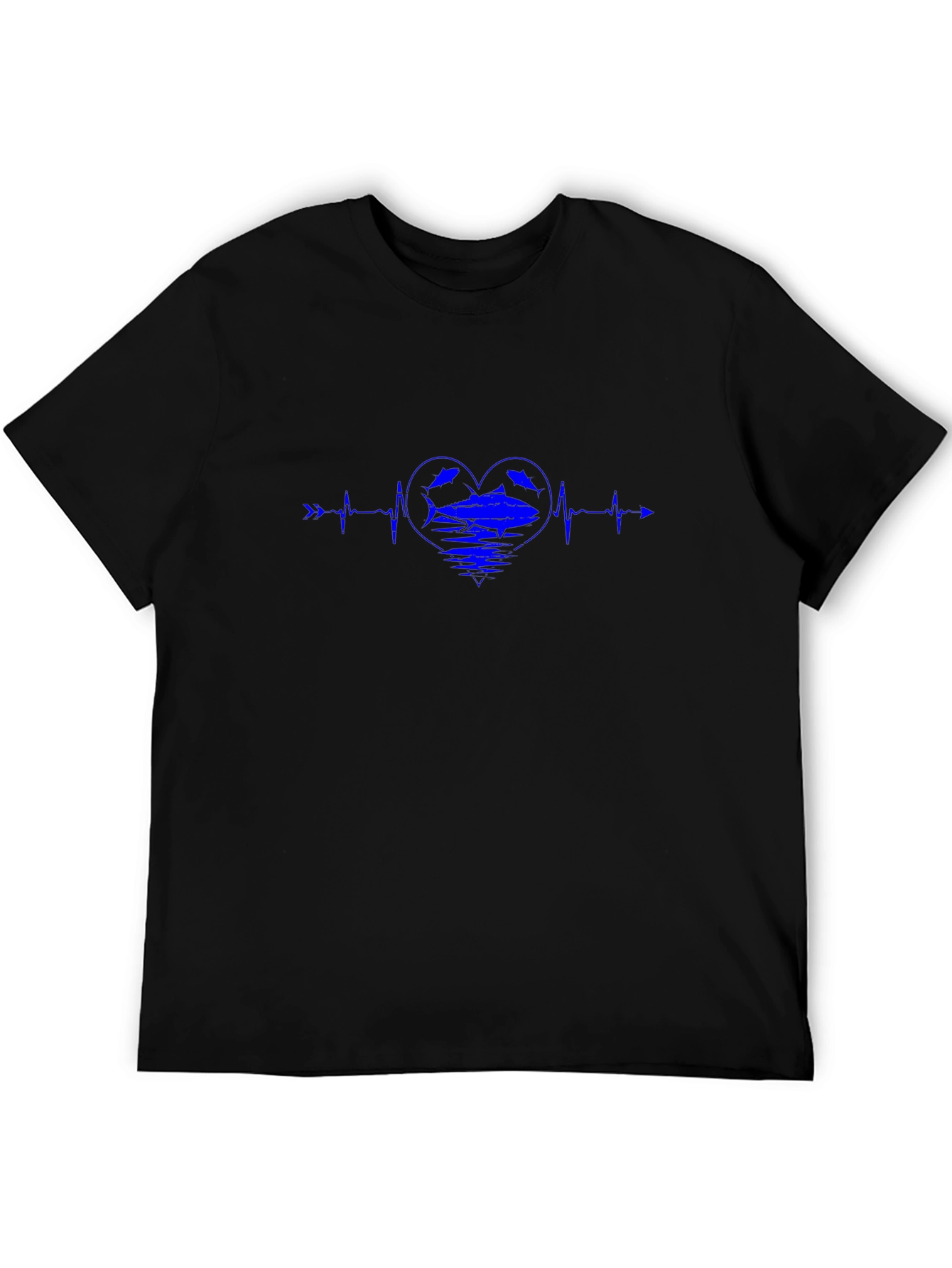 Blue Heartbeat Fish Graphic Black T-Shirt