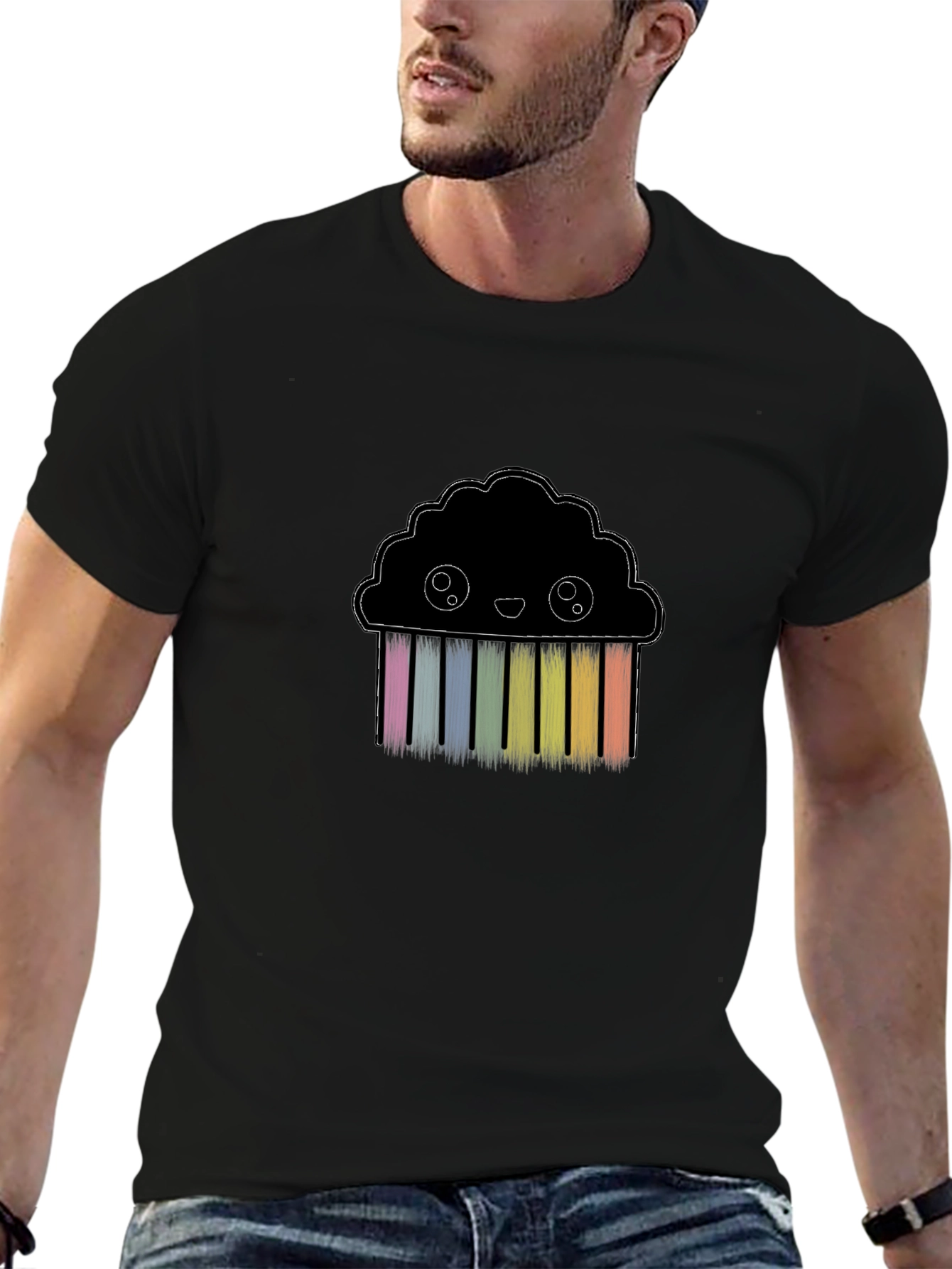 Cute Rainbow Cloud Graphic Black T-Shirt
