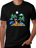 Cartoon Beach Scene Black T-Shirt