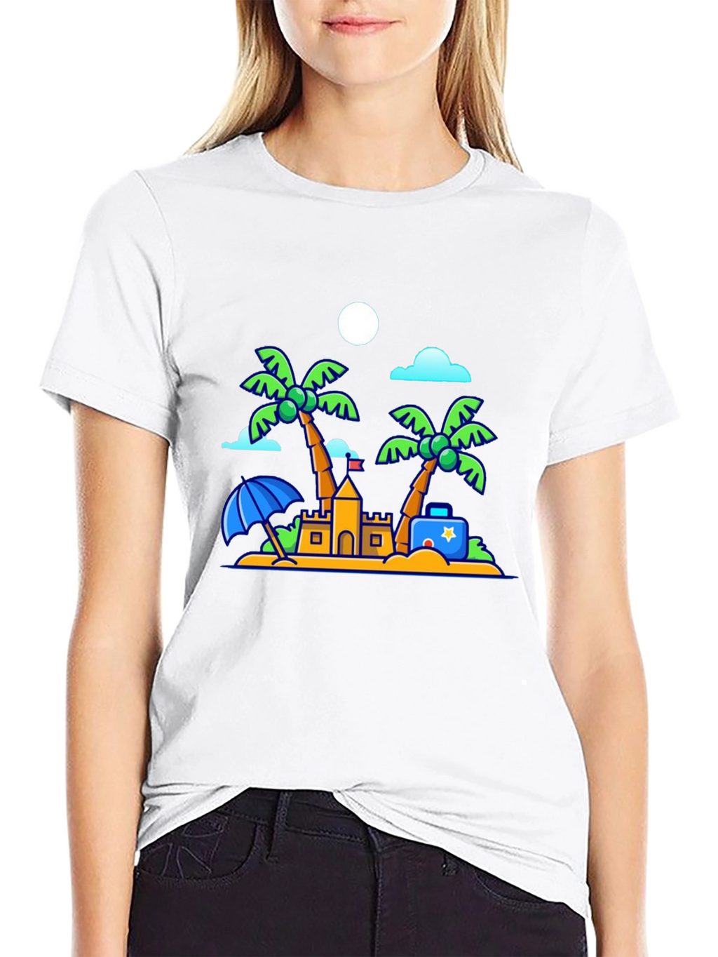 Cartoon Beach Scene Black T-Shirt