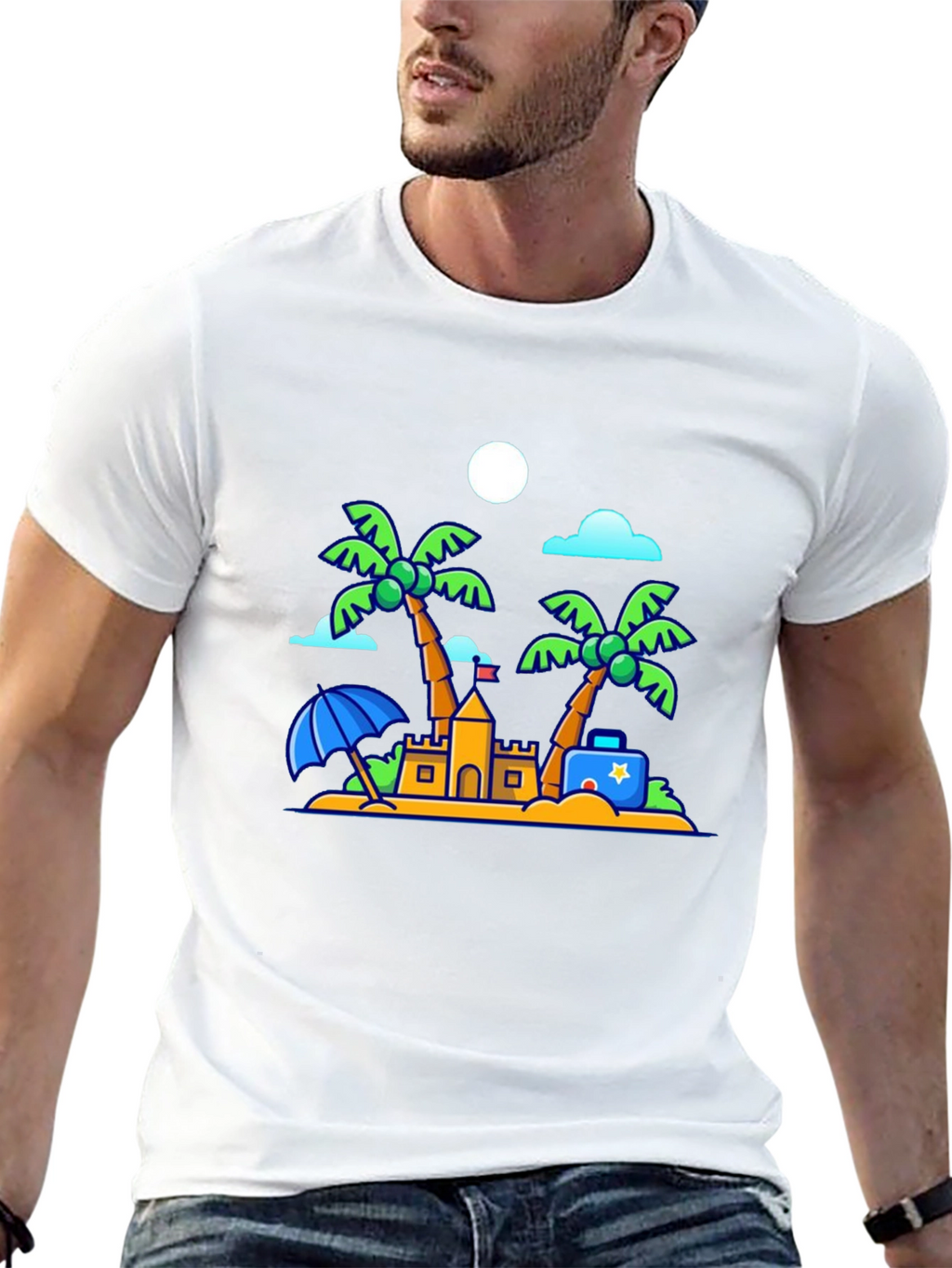 Cartoon Beach Scene Black T-Shirt