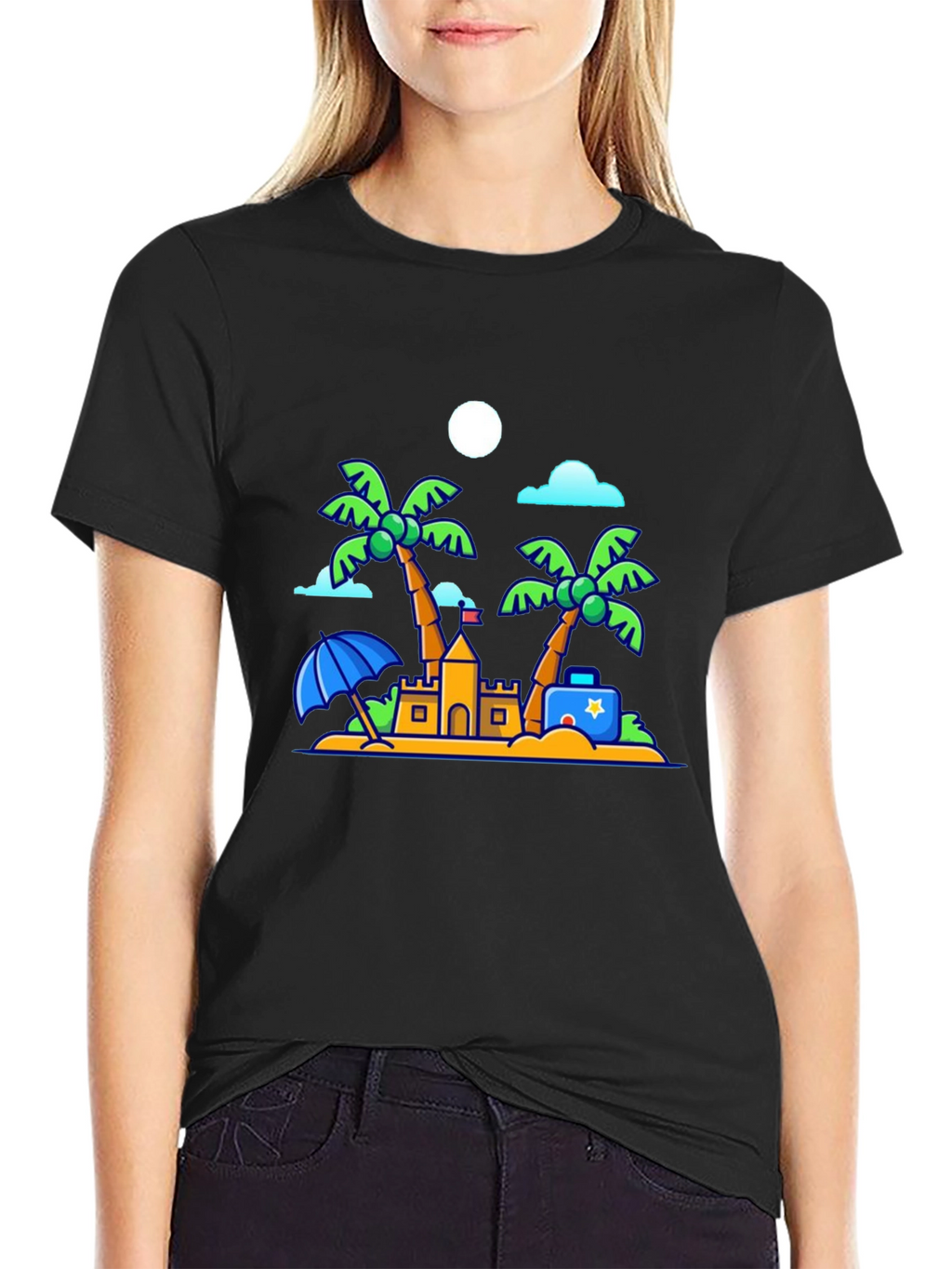 Cartoon Beach Scene Black T-Shirt
