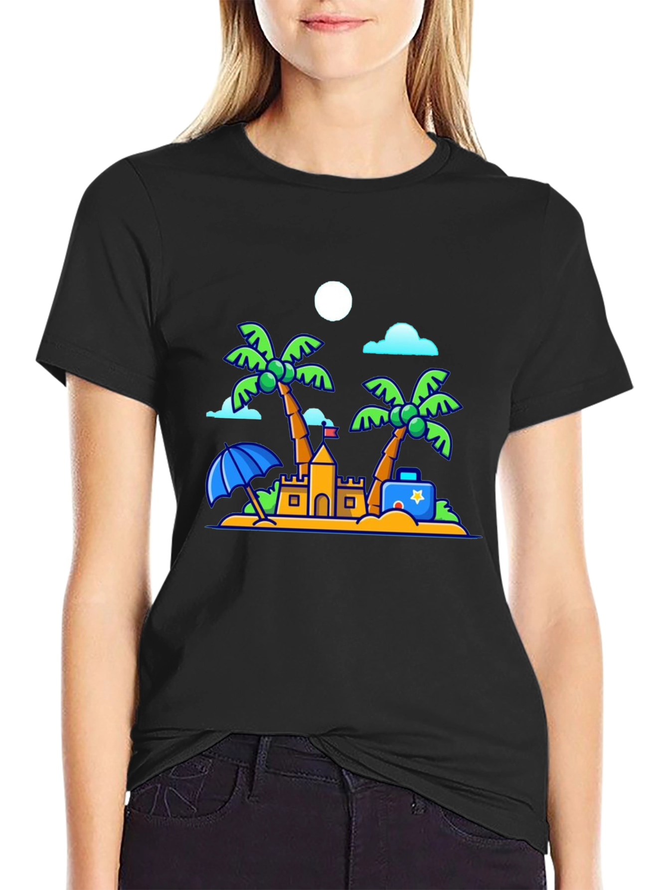 Cartoon Beach Scene Black T-Shirt