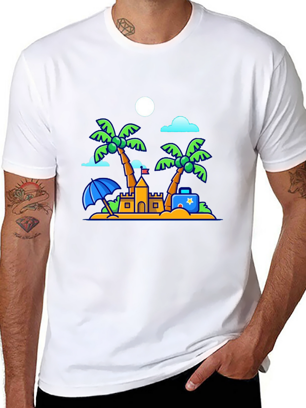 Cartoon Beach Scene Black T-Shirt