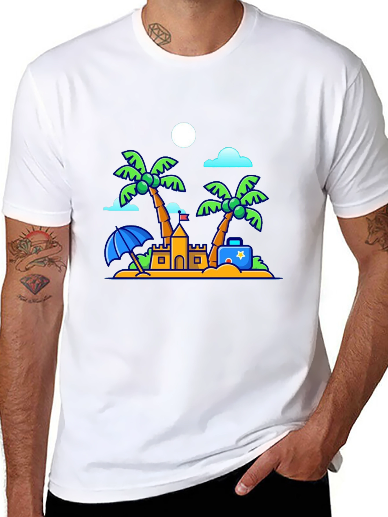 Cartoon Beach Scene Black T-Shirt