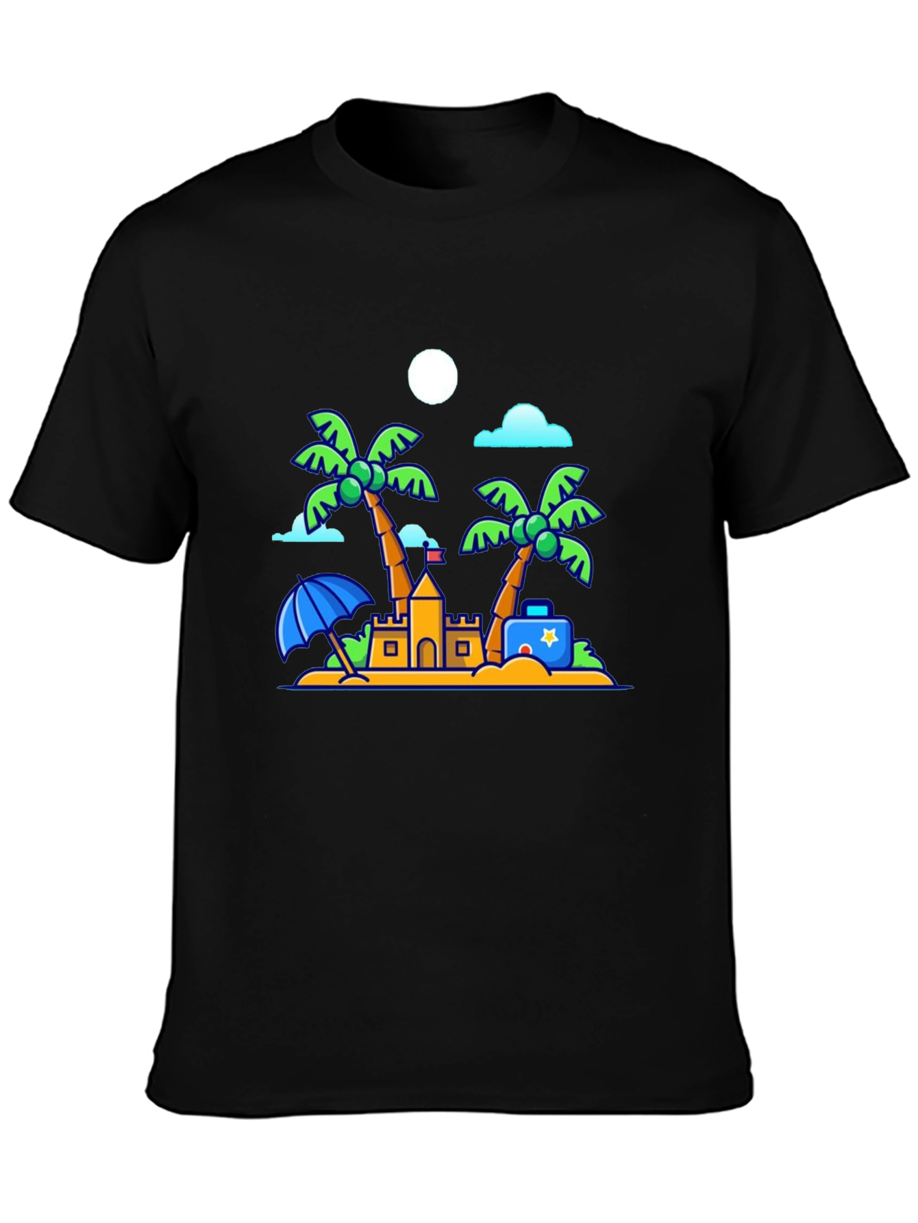 Cartoon Beach Scene Black T-Shirt