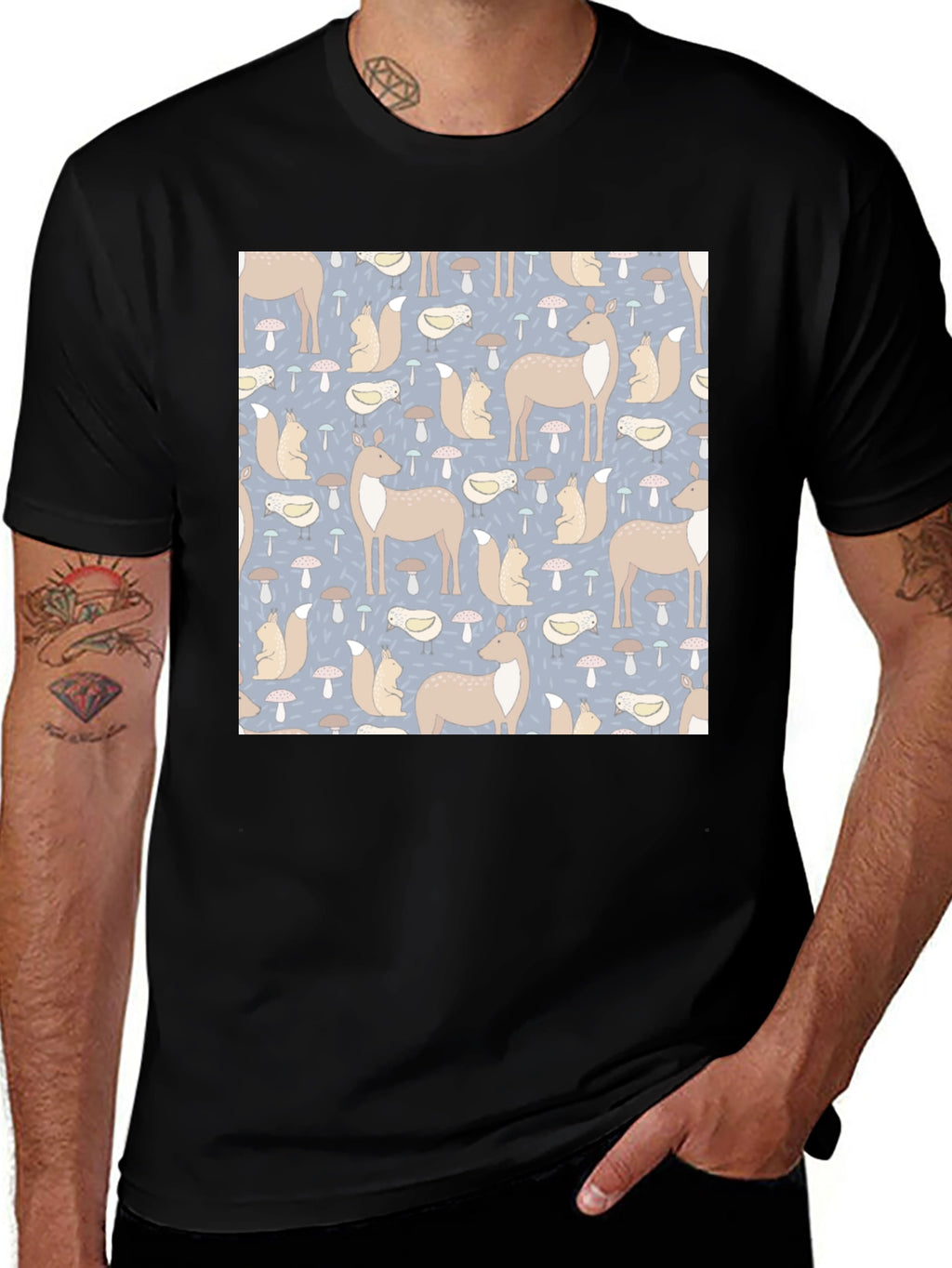 Woodland Animal Pattern Black Crew Neck Tee