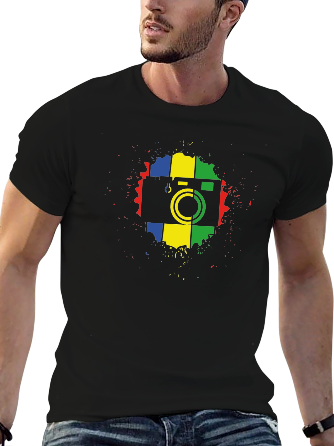 Retro Camera Graphic Tee - Black Cotton T-Shirt