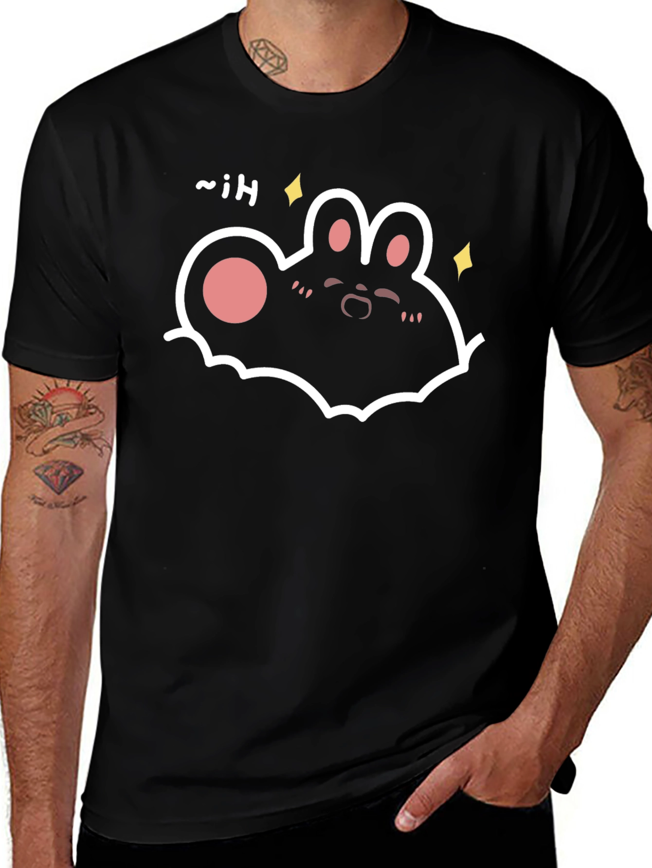 Cute Cartoon Bunny Graphic Tee - Black