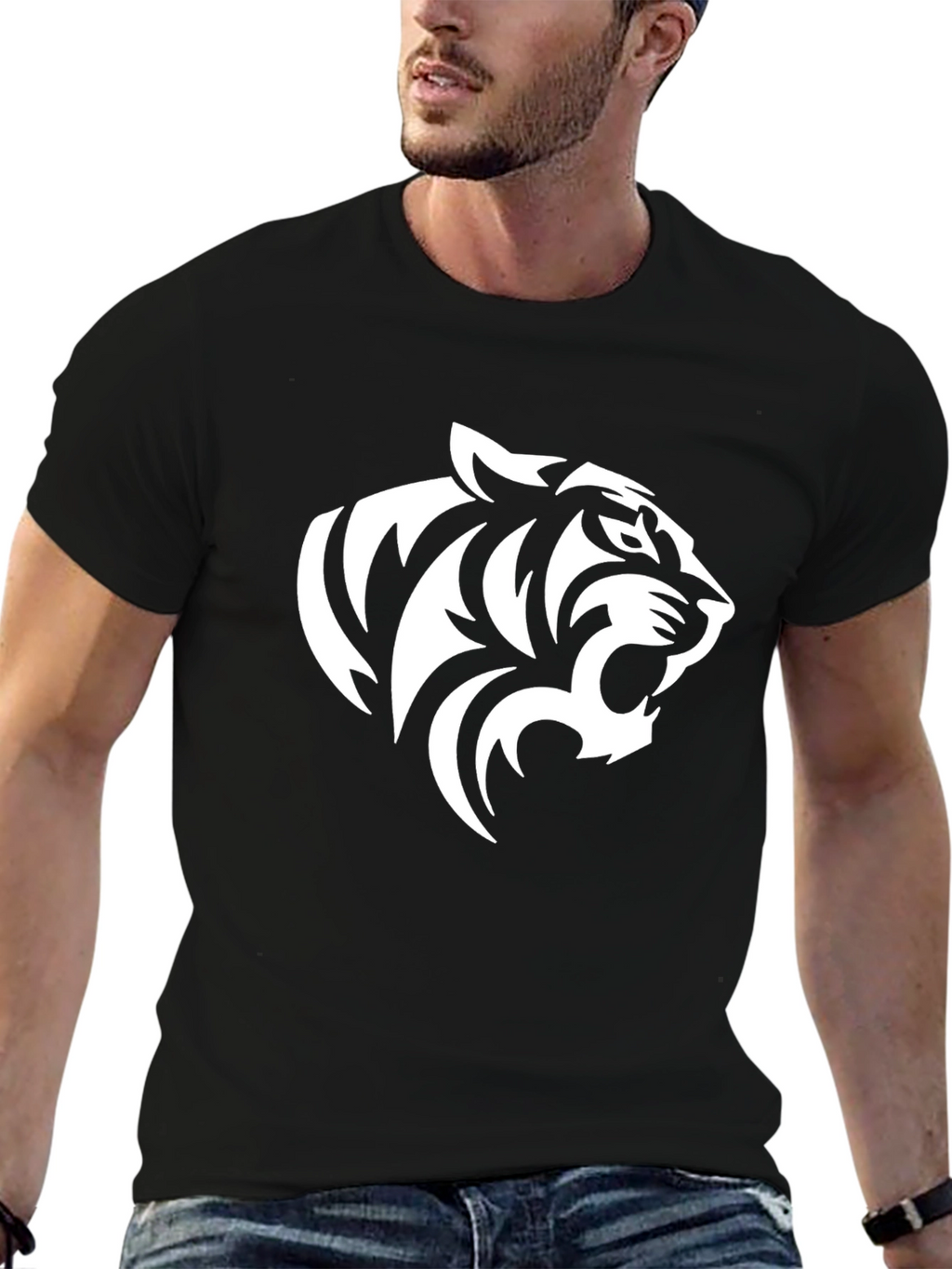 Bold Tiger Graphic Tee - Black Cotton Blend Shirt