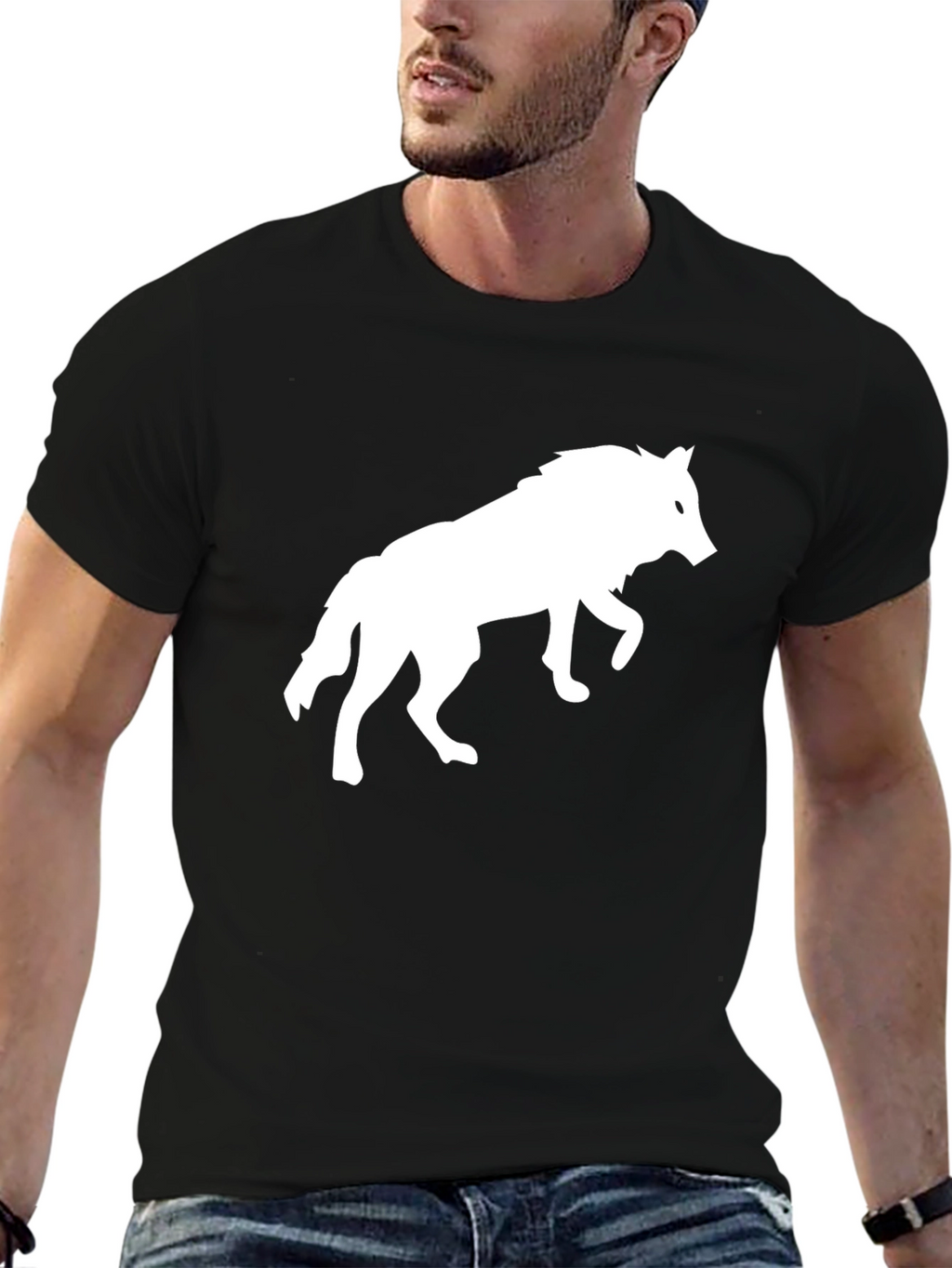 Black T-Shirt with White Wolf Graphic