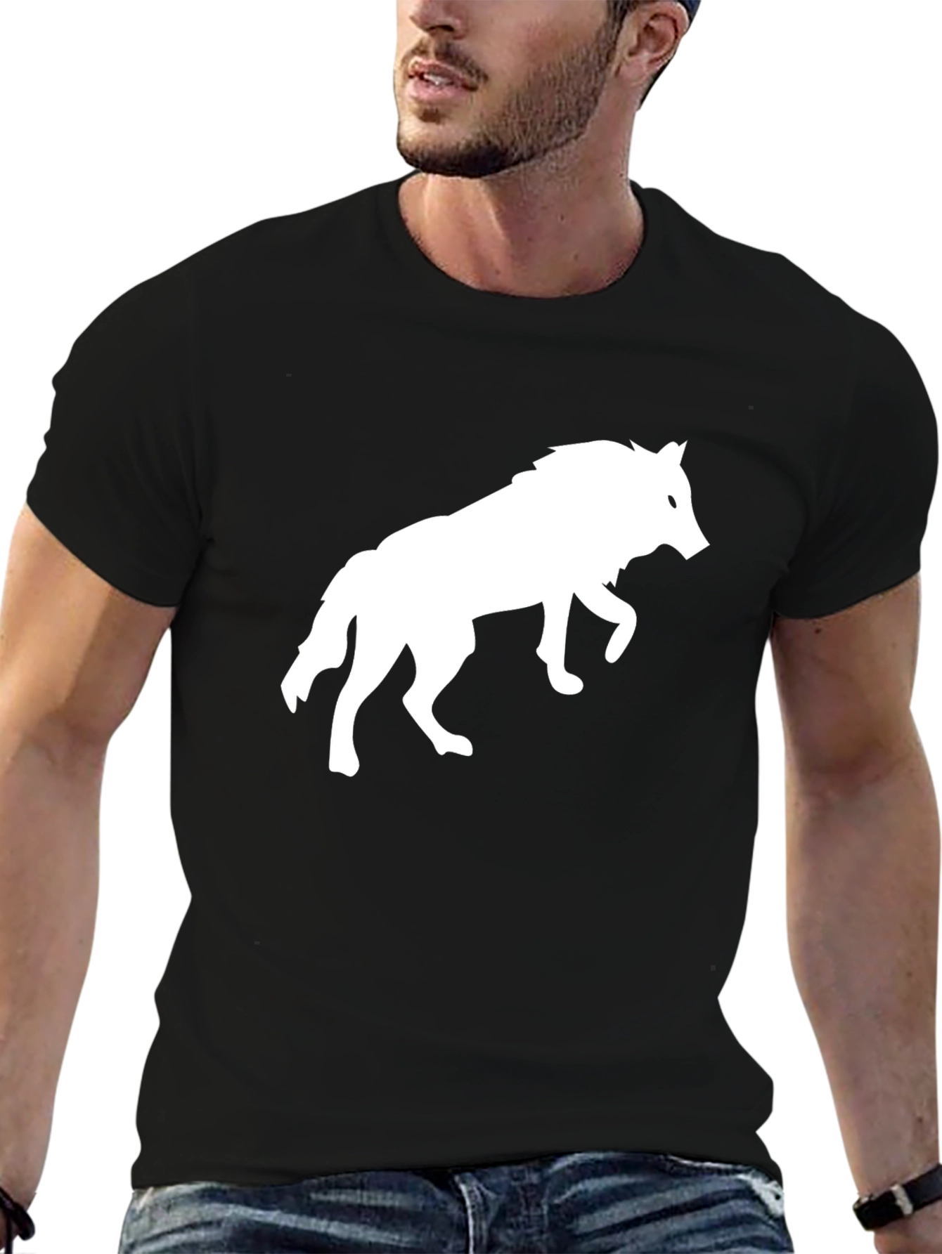 Black T-Shirt with White Wolf Graphic