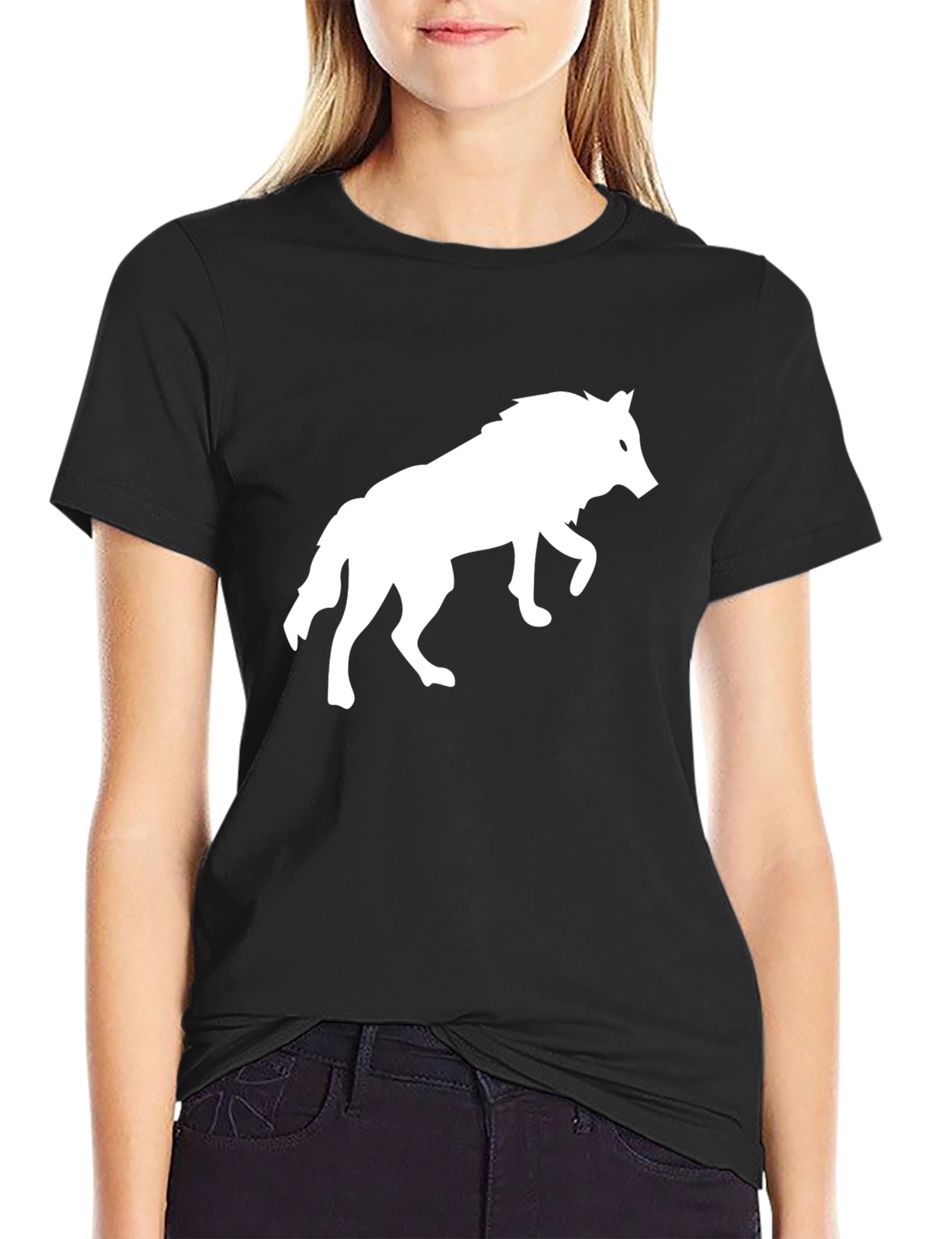 Black T-Shirt with White Wolf Graphic