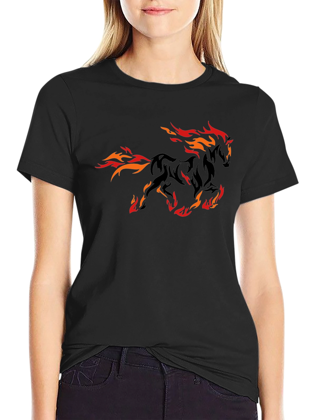 Fiery Horse Graphic Tee - Black Cotton T-Shirt