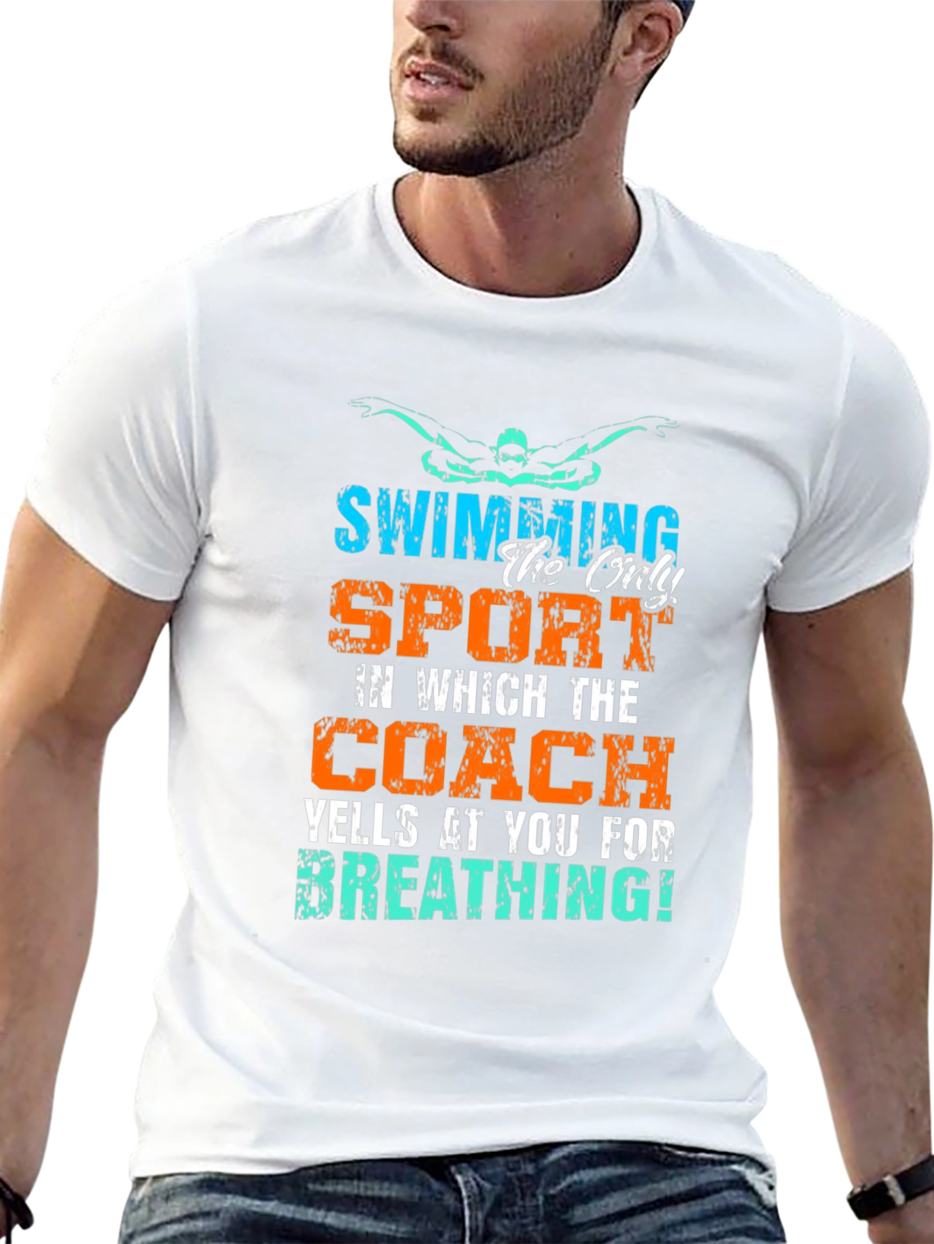 Funny Swimming T-Shirt: Coach Yells About Breathing