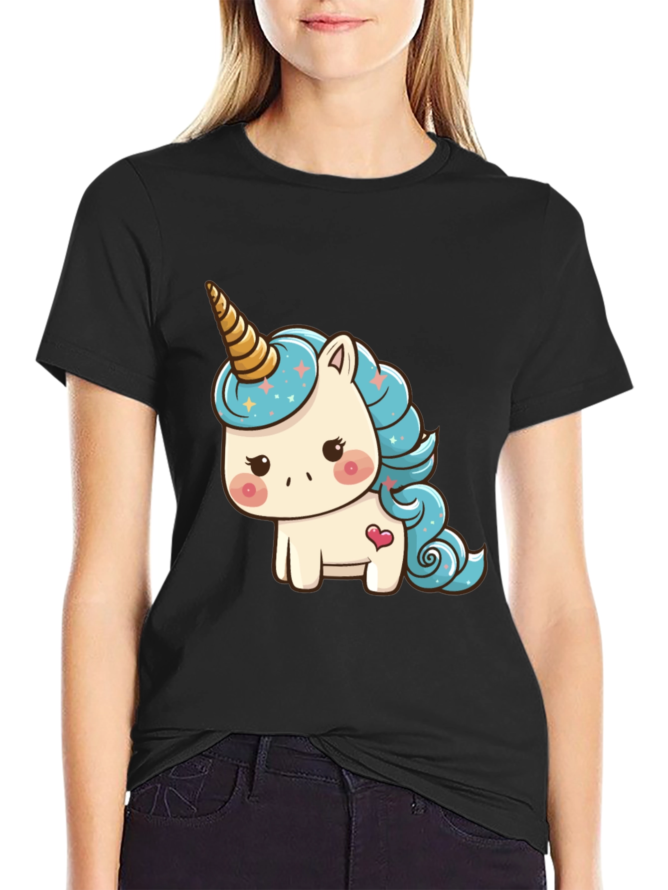 Cute Unicorn Graphic Tee - Black Cotton T-Shirt