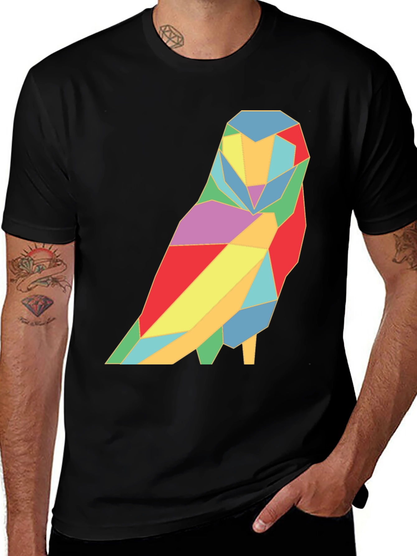 Geometric Owl Graphic Tee - Modern Design Soft Black Cotton