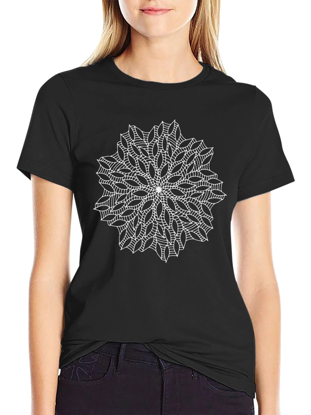 Black T-Shirt with White Mandala Design