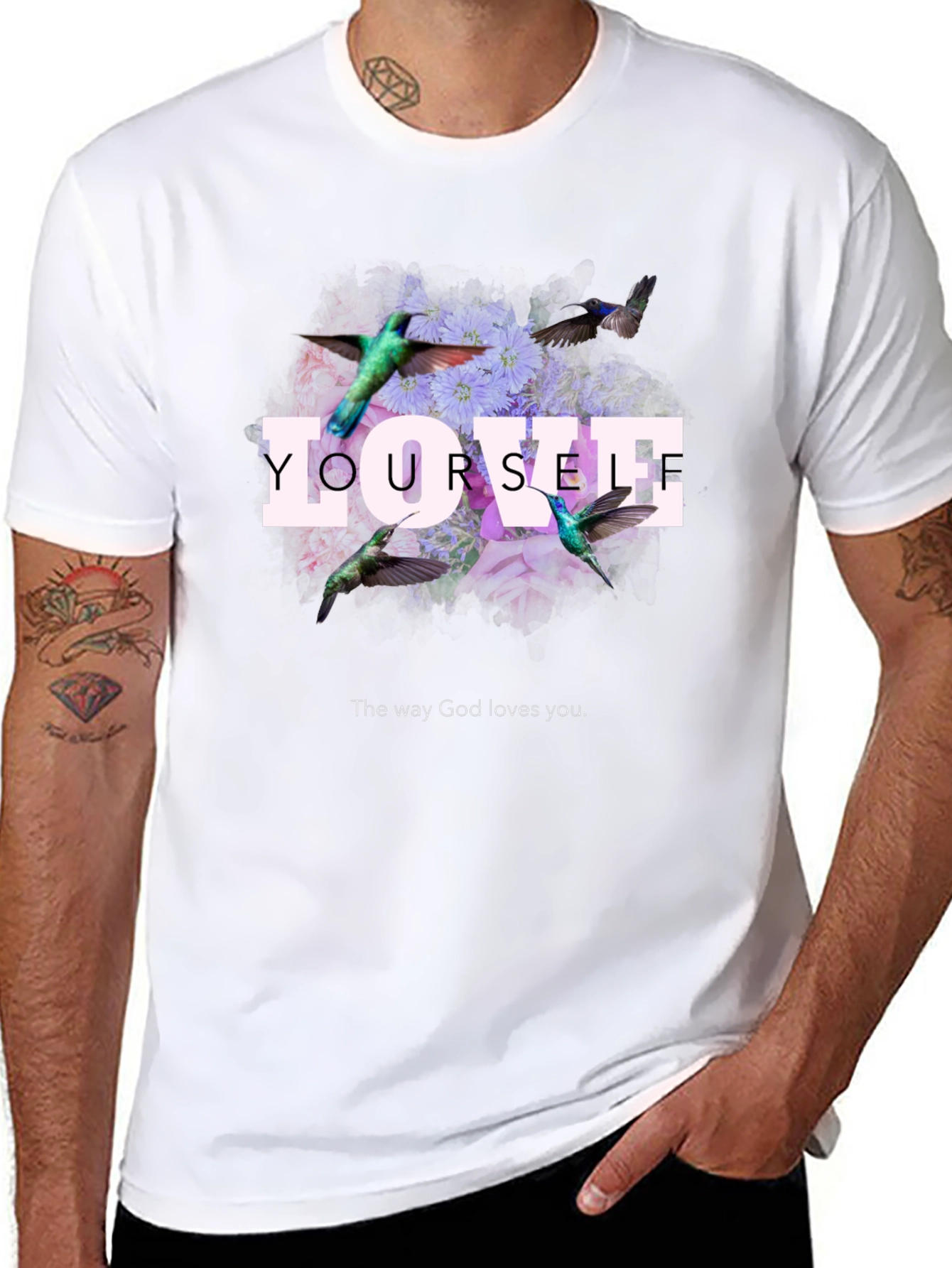 Love Yourself Floral Hummingbird Graphic T-Shirt