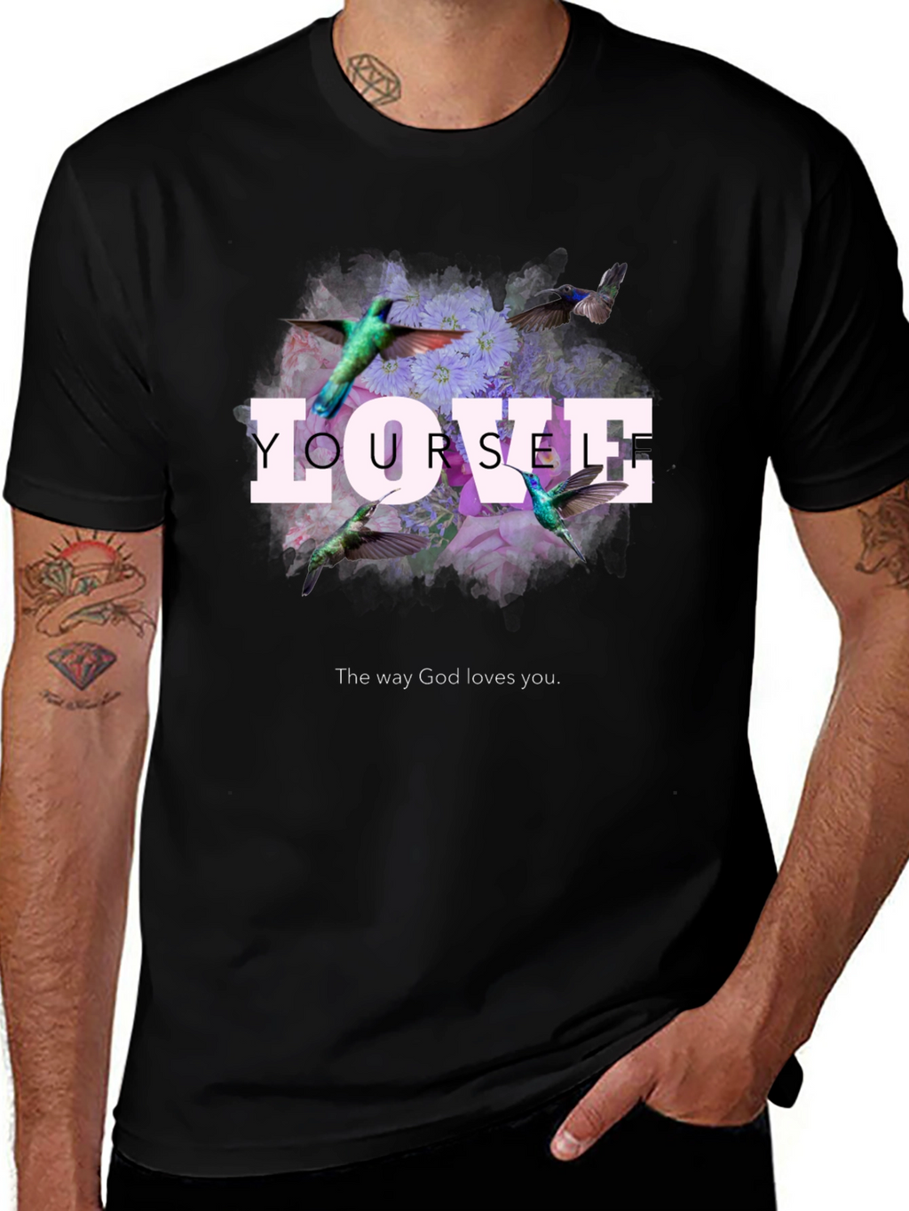 Love Yourself Floral Hummingbird Graphic T-Shirt