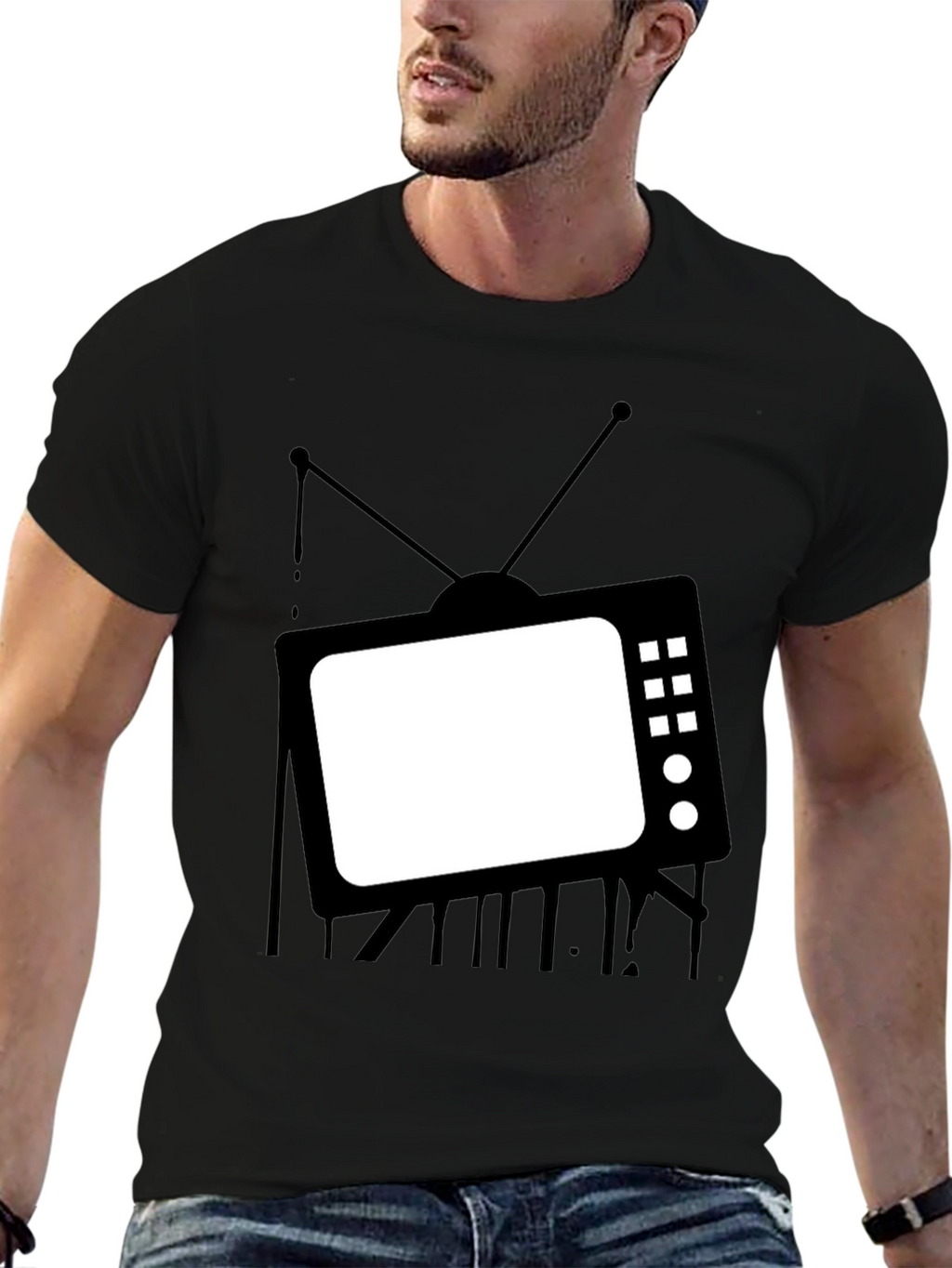 Retro TV Graphic Tee - Black Cotton Casual T-Shirt