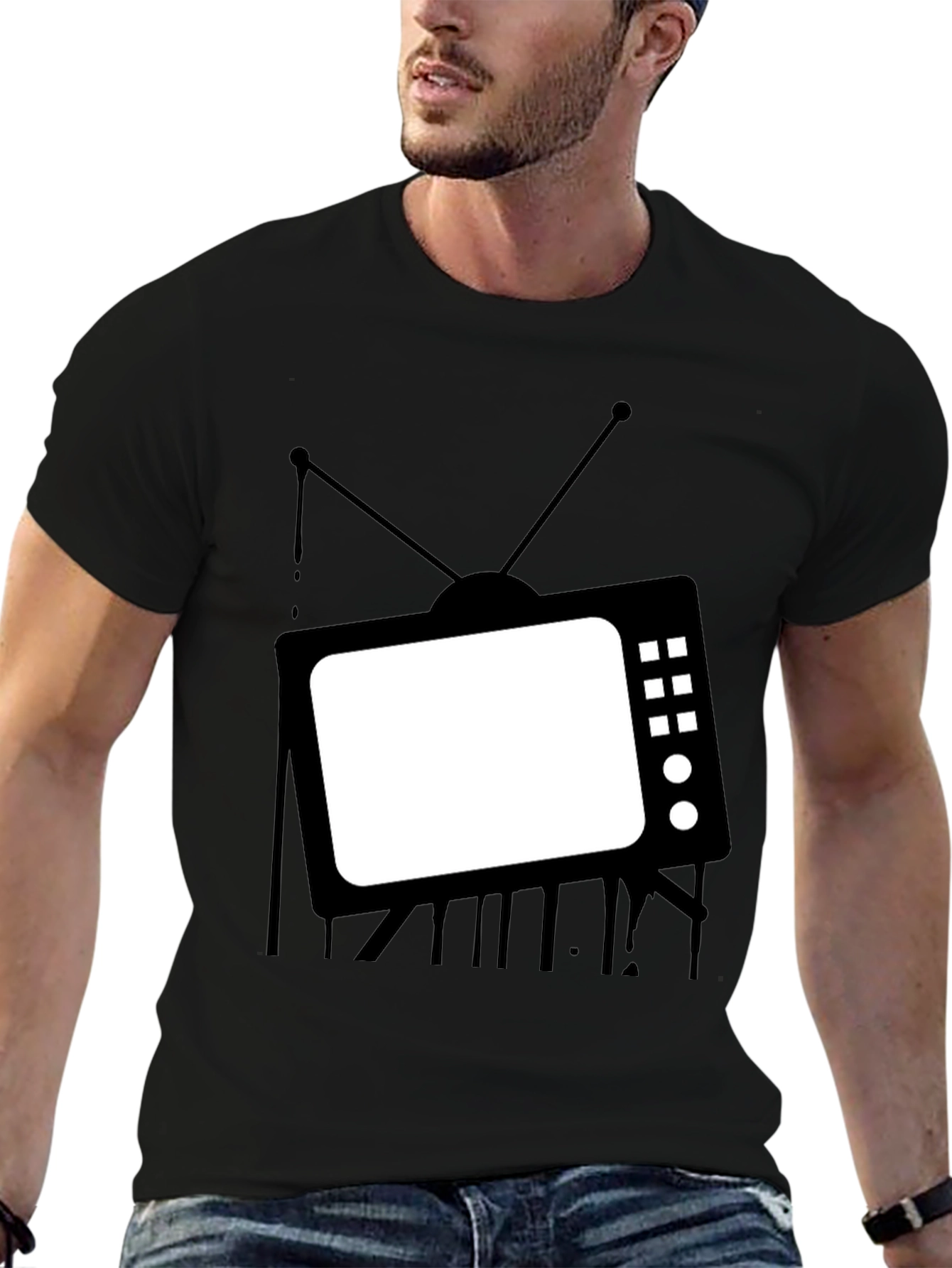 Retro TV Graphic Tee - Black Cotton Casual T-Shirt