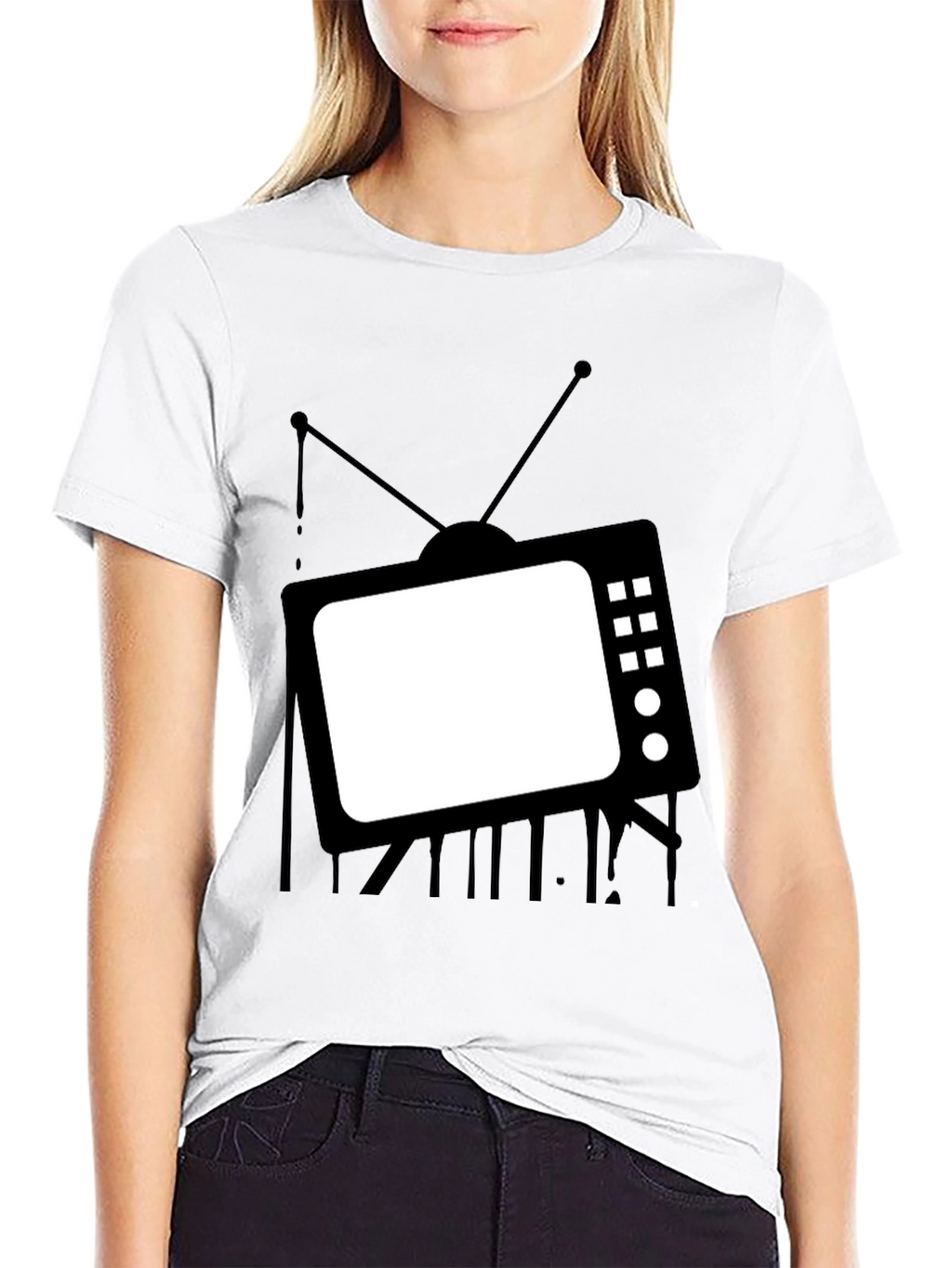 Retro TV Graphic Tee - Black Cotton Casual T-Shirt