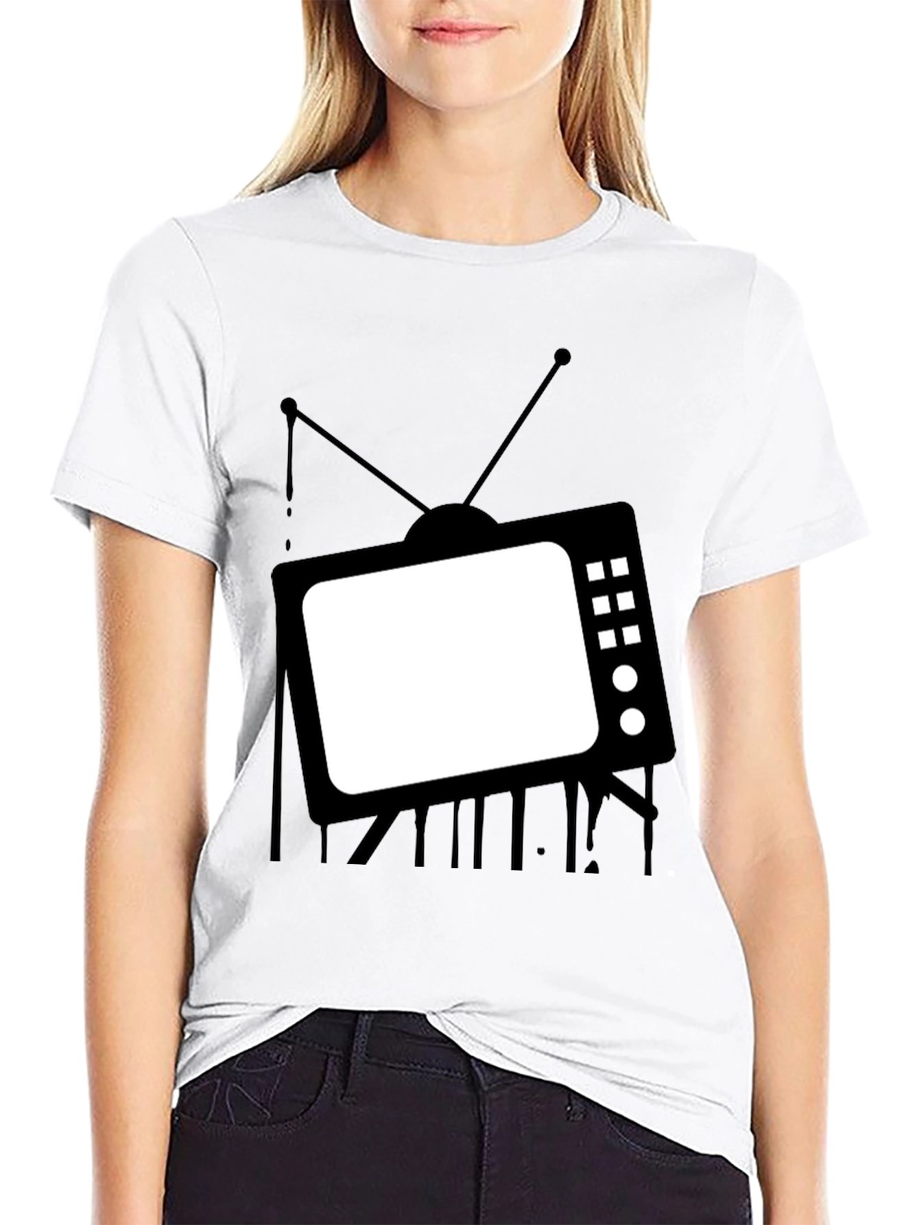 Retro TV Graphic Tee - Black Cotton Casual T-Shirt