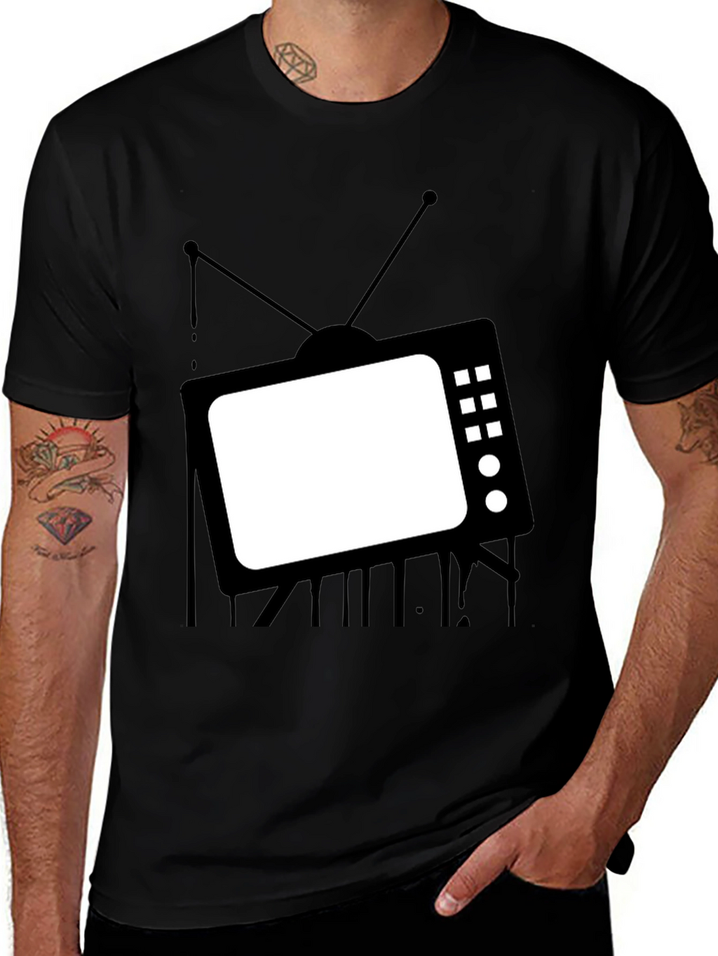 Retro TV Graphic Tee - Black Cotton Casual T-Shirt