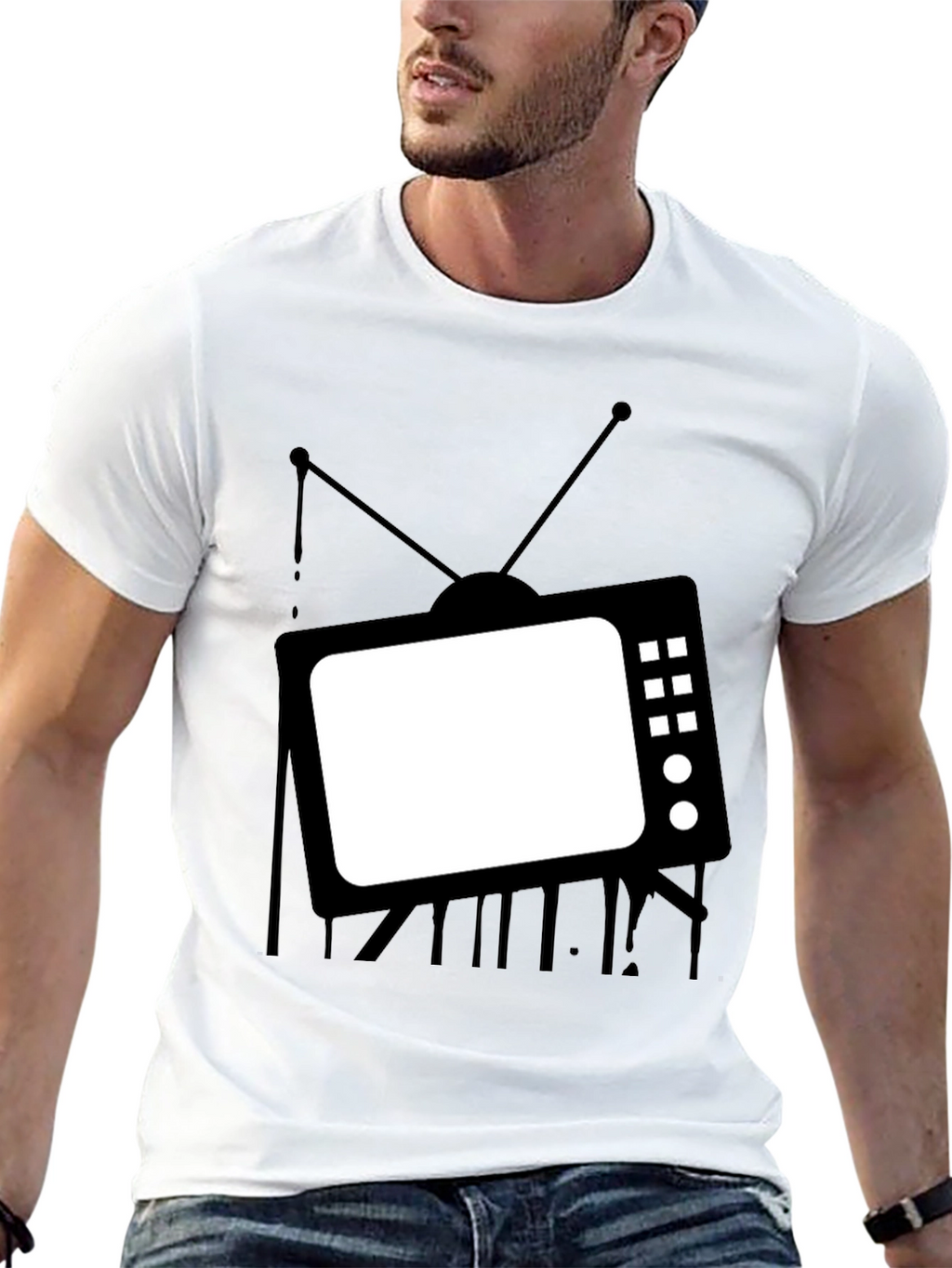 Retro TV Graphic Tee - Black Cotton Casual T-Shirt