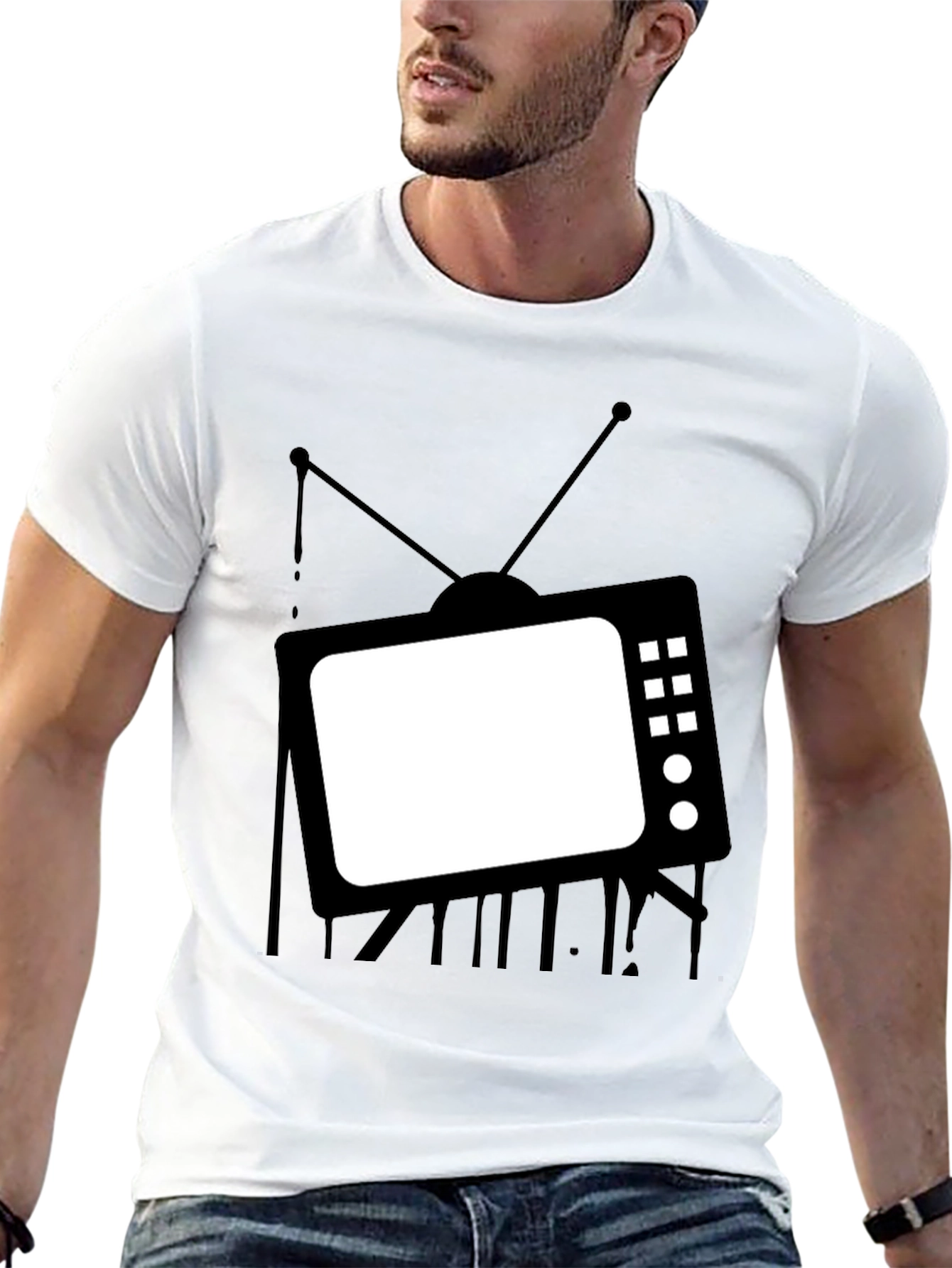 Retro TV Graphic Tee - Black Cotton Casual T-Shirt