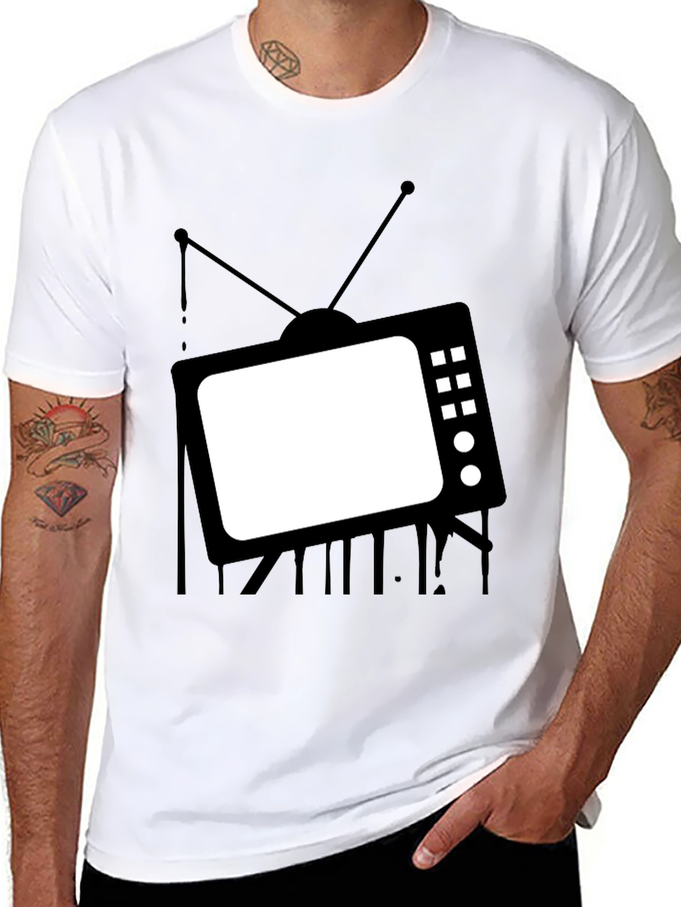 Retro TV Graphic Tee - Black Cotton Casual T-Shirt