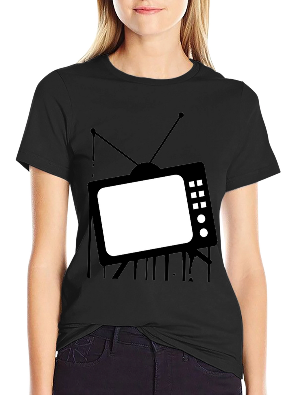 Retro TV Graphic Tee - Black Cotton Casual T-Shirt