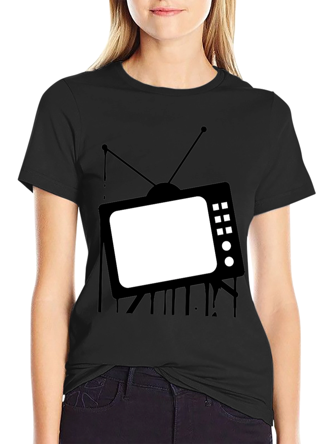 Retro TV Graphic Tee - Black Cotton Casual T-Shirt