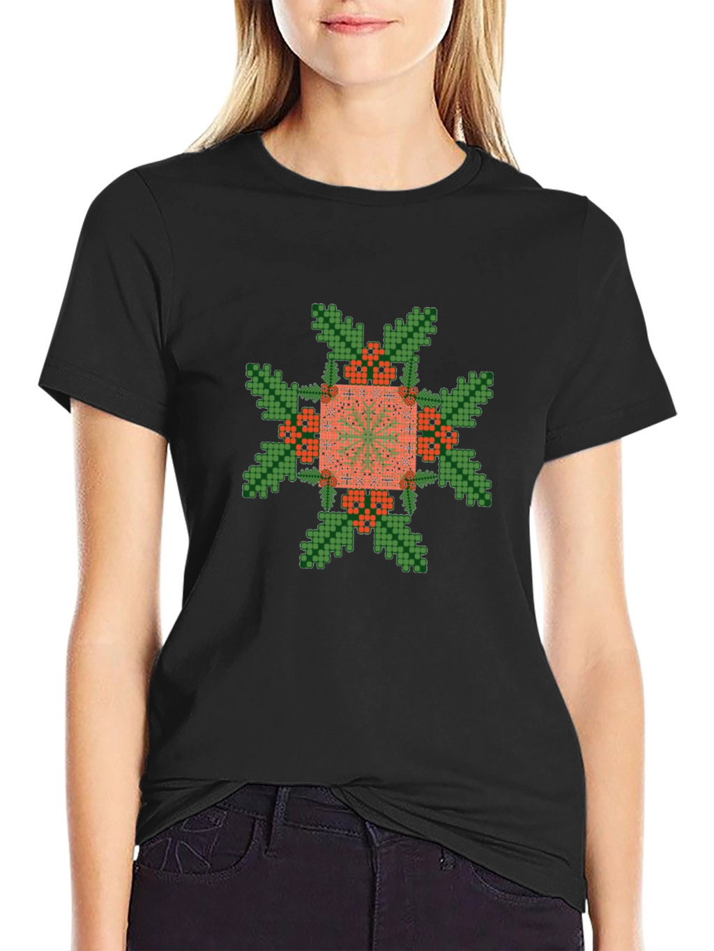Pixelated Floral Graphic Tee - Black Cotton