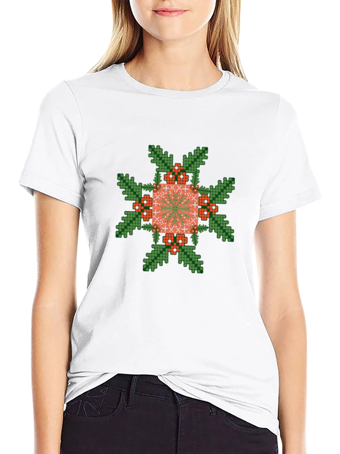 Pixelated Floral Graphic Tee - Black Cotton
