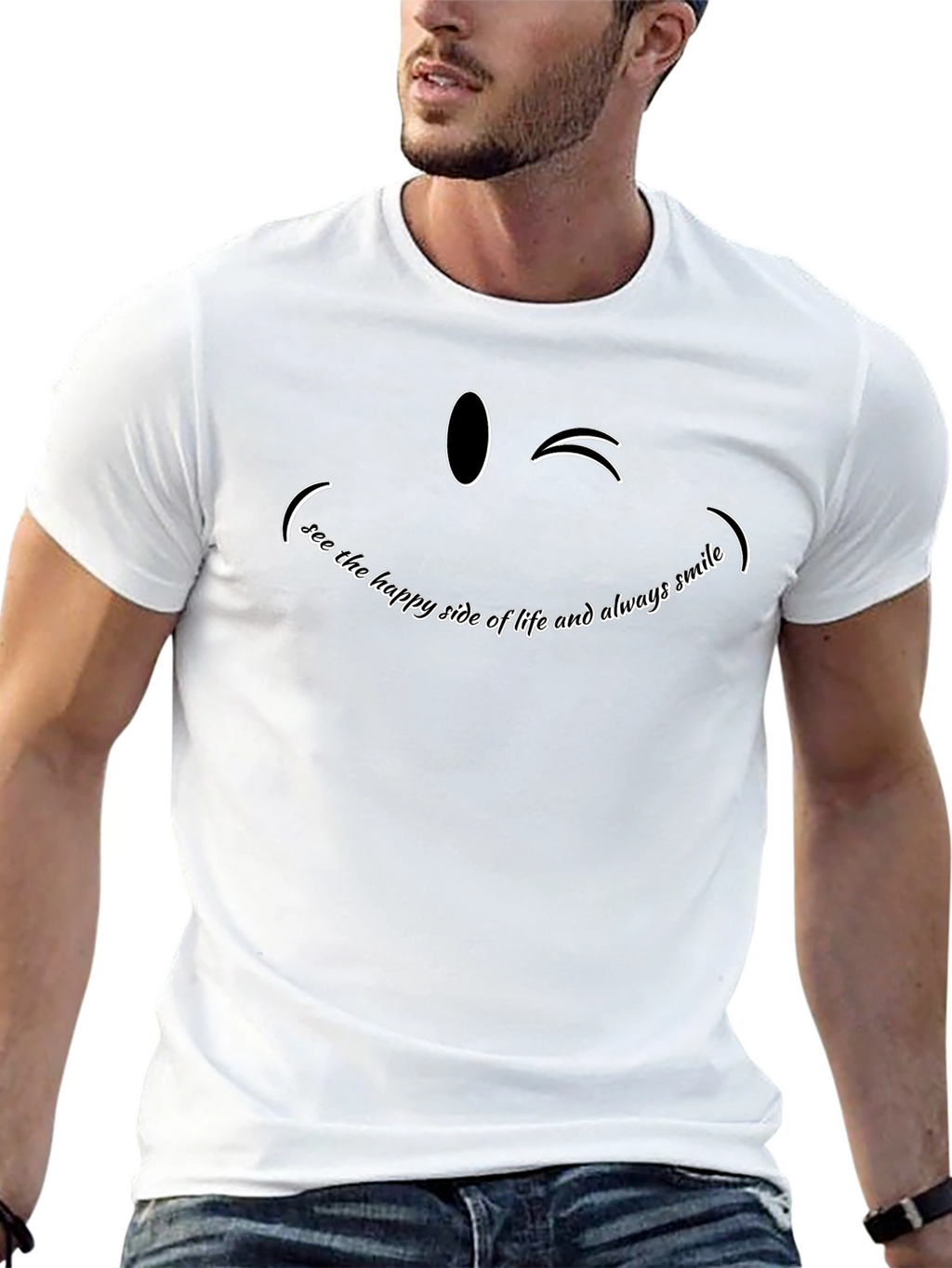 Smiling Wink Graphic Tee - Black Cotton
