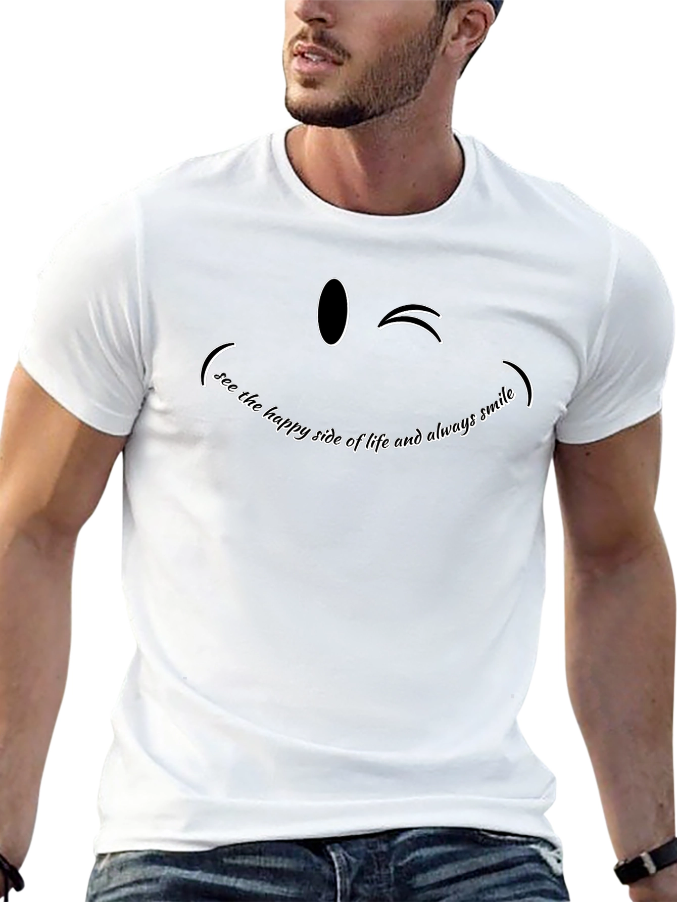 Smiling Wink Graphic Tee - Black Cotton