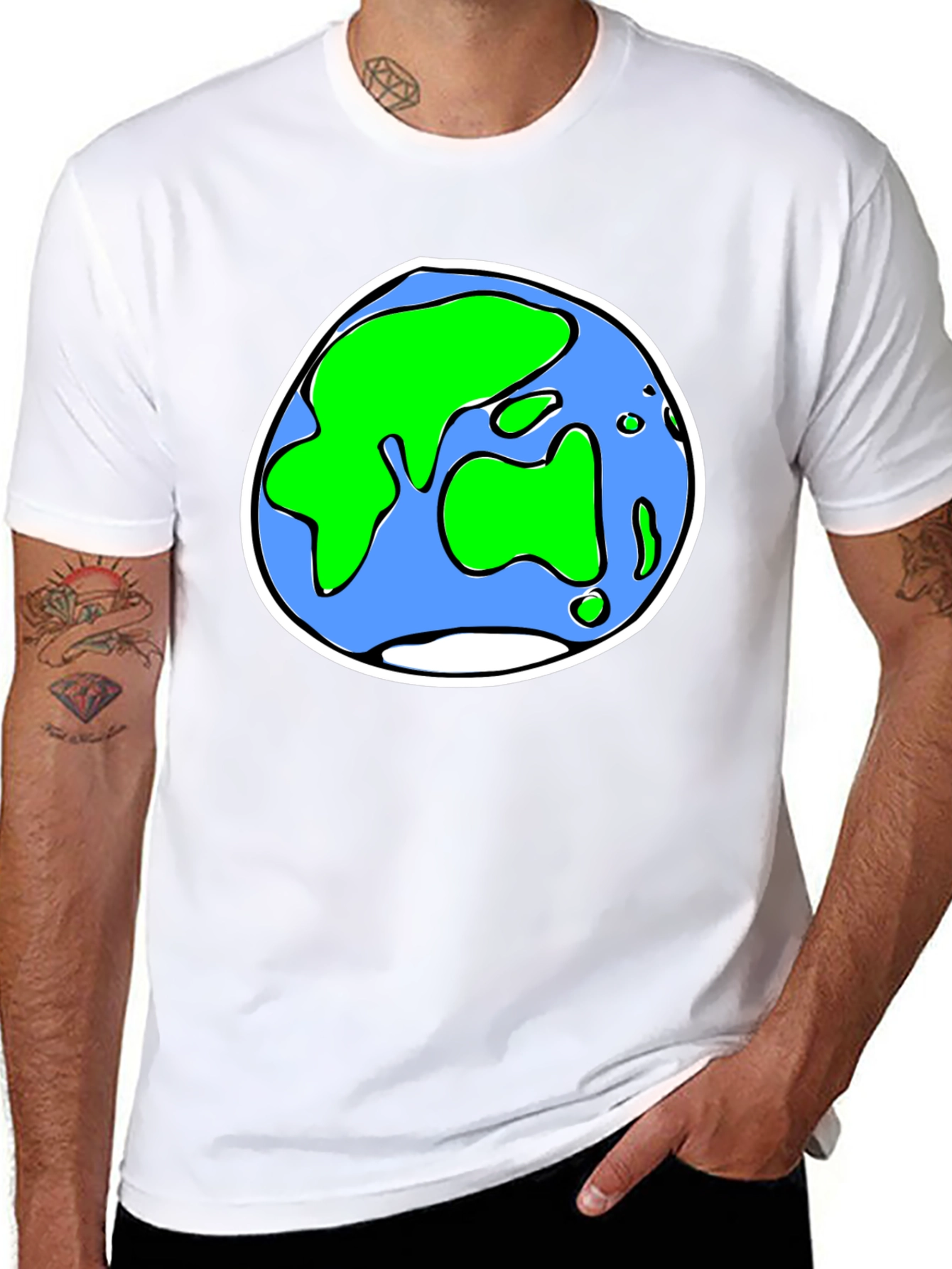 Cartoon Earth Graphic Tee - Black Crew Neck T-Shirt