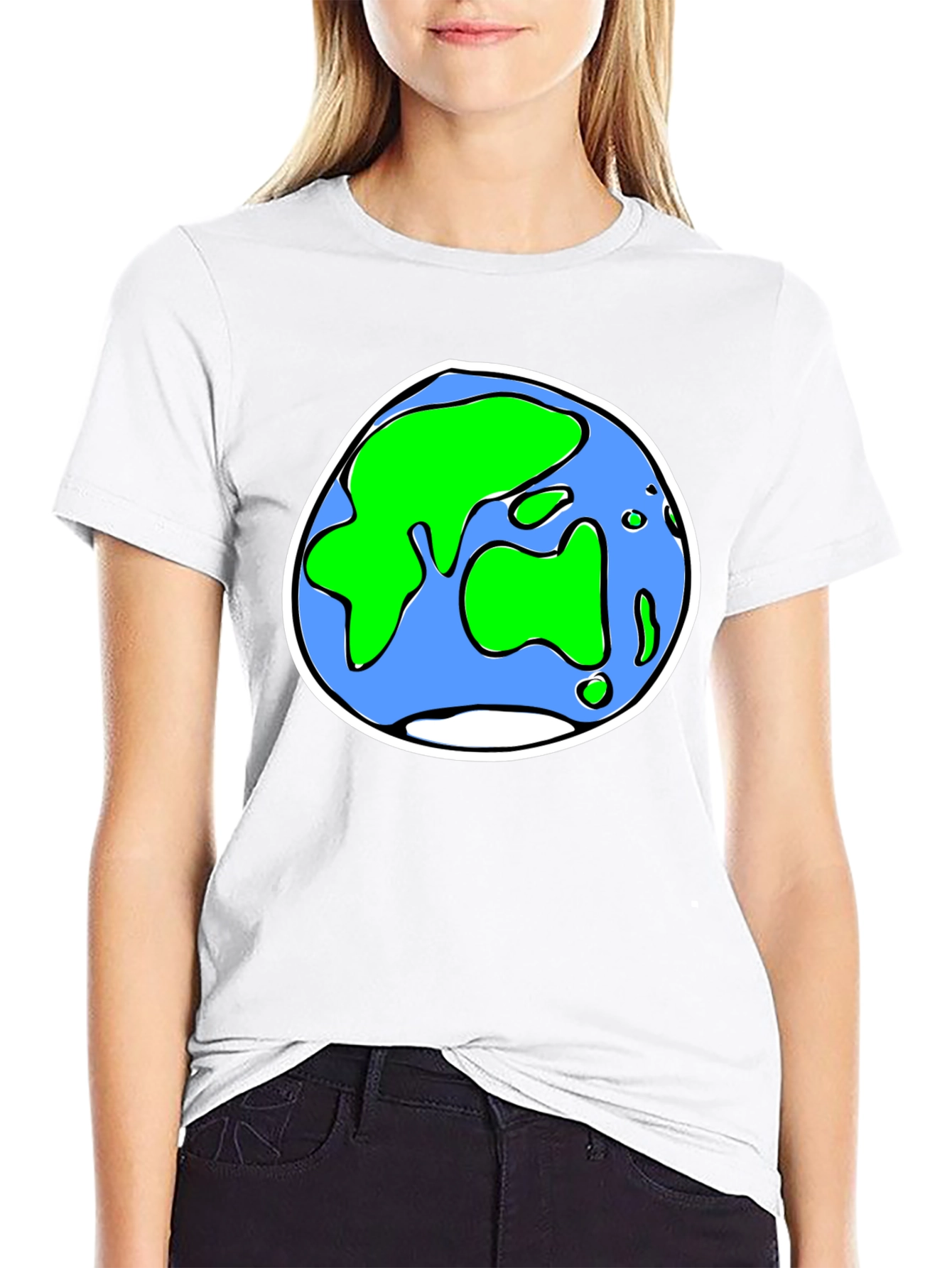Cartoon Earth Graphic Tee - Black Crew Neck T-Shirt